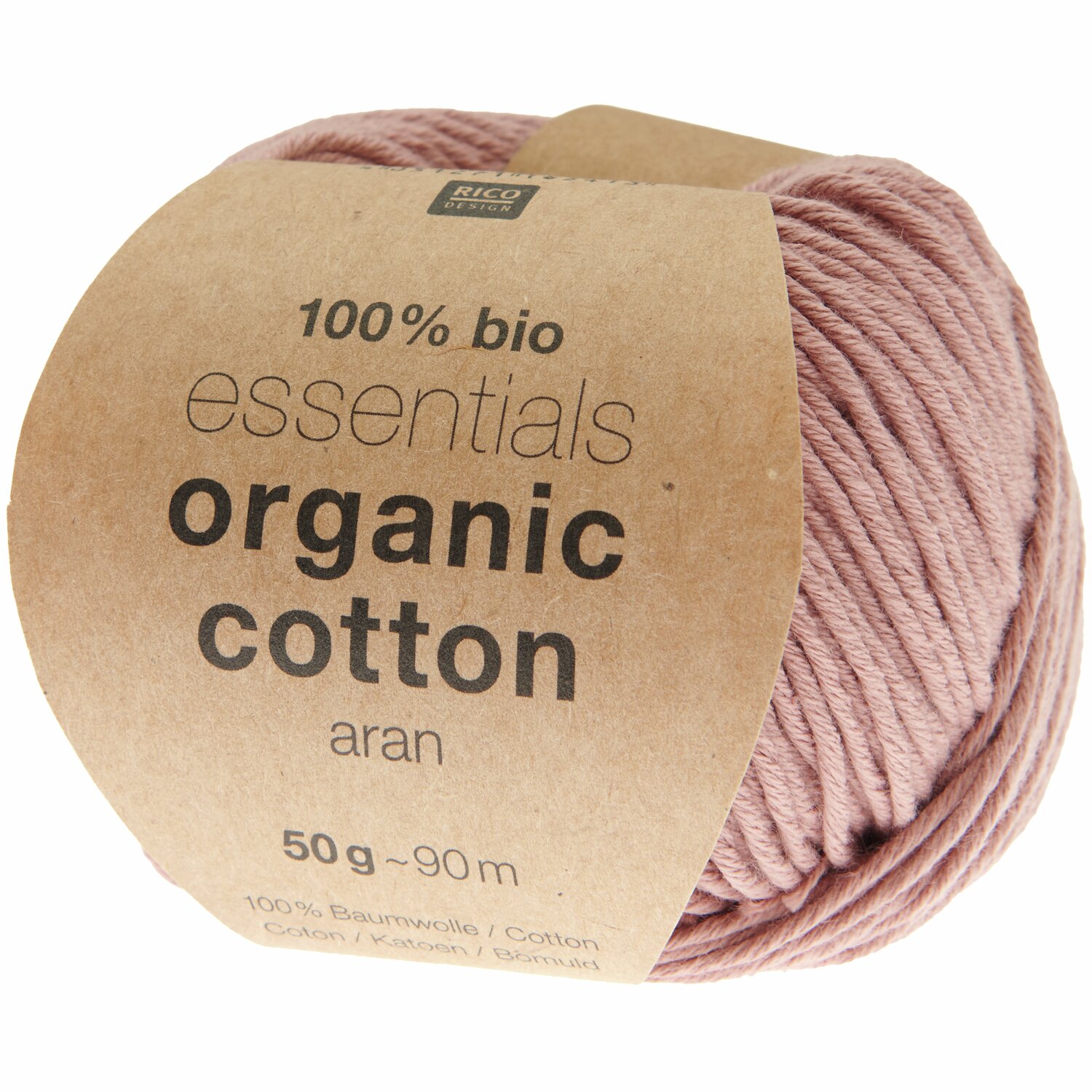 Essentials Organic Cotton aran, 100% Bio-Baumwolle in Beere, 50g Knäuel mit 90m Länge. Ideal für umweltfreundliche Strickprojekte.