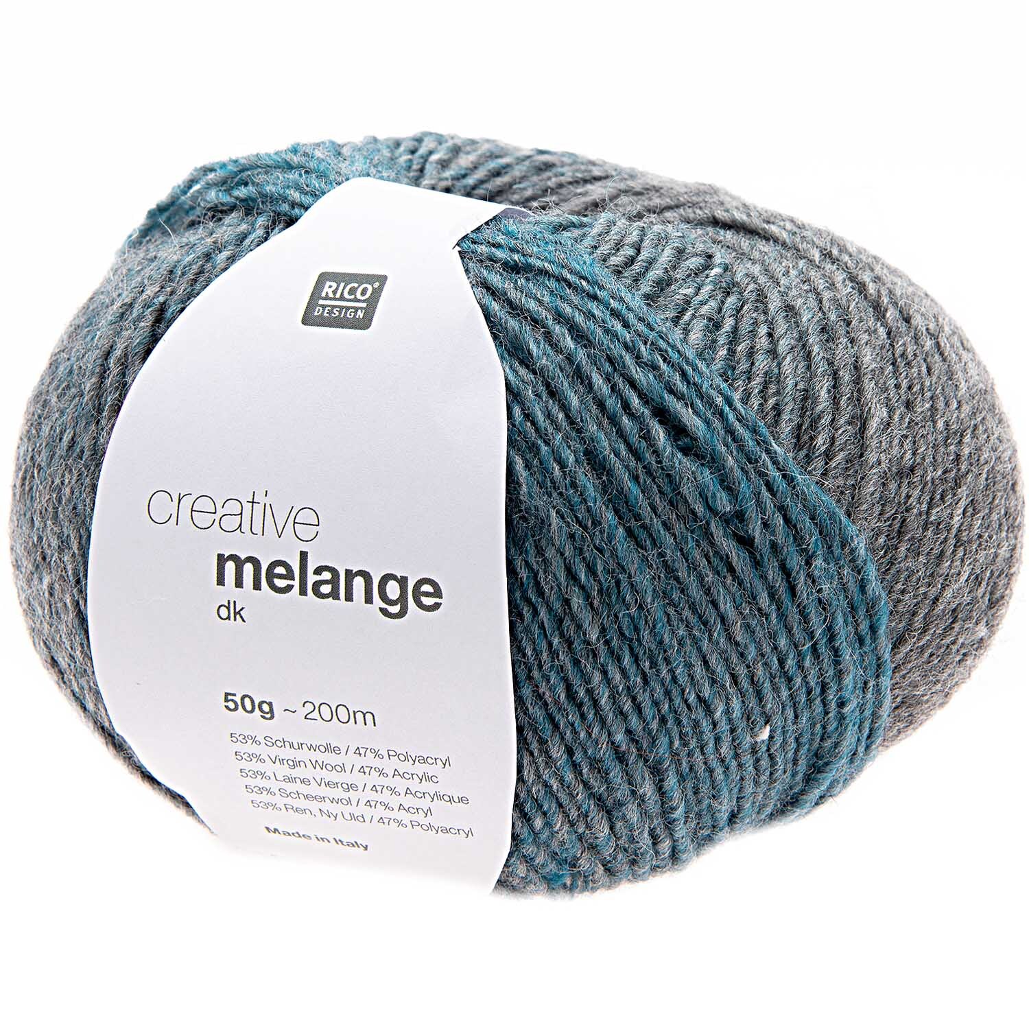 Creative Melange dk von Rico Design in Grau-Türkis, 50g 195m. Weiches Garnknäuel für Strickprojekte.