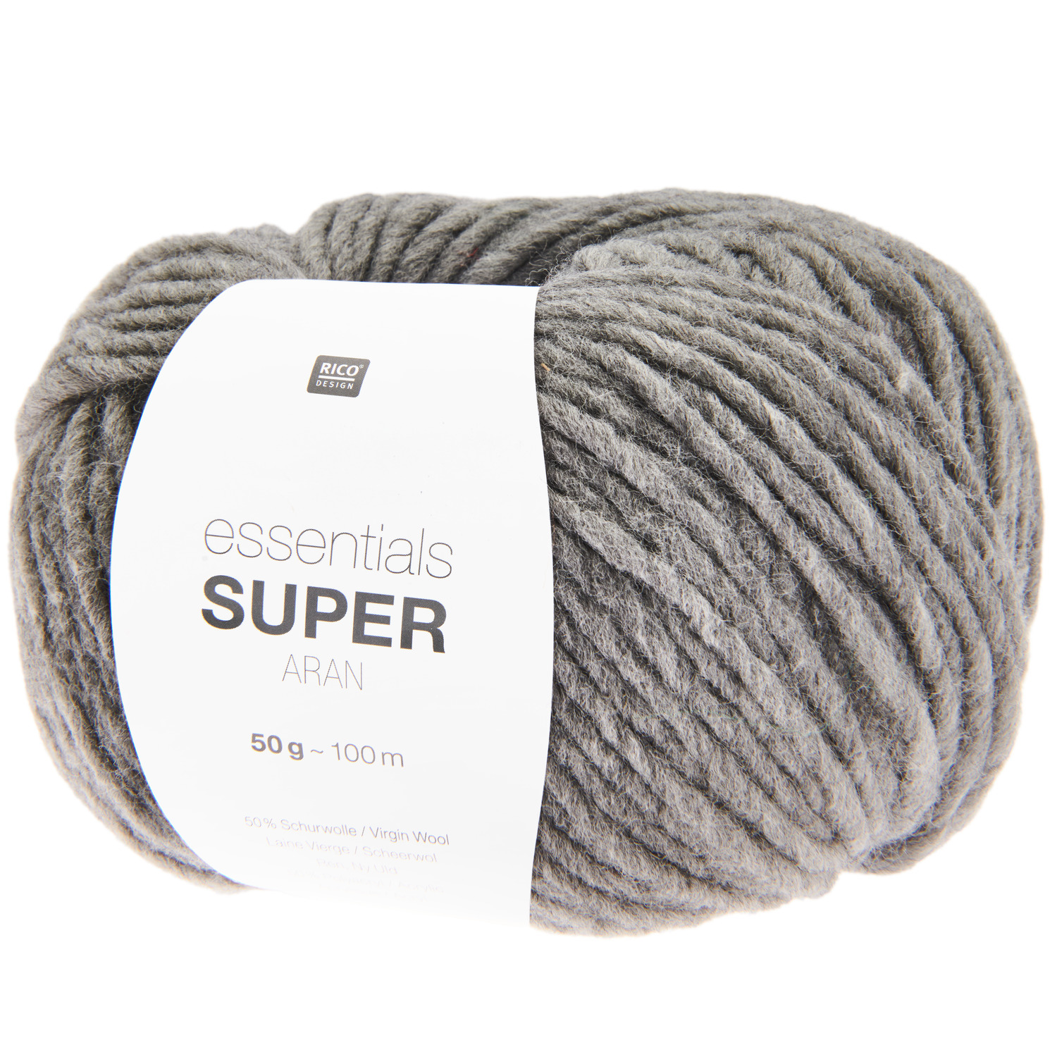 Essentials Super aran von Rico Design: Graues Garn, 50g, 100m, ideal für Strickprojekte.