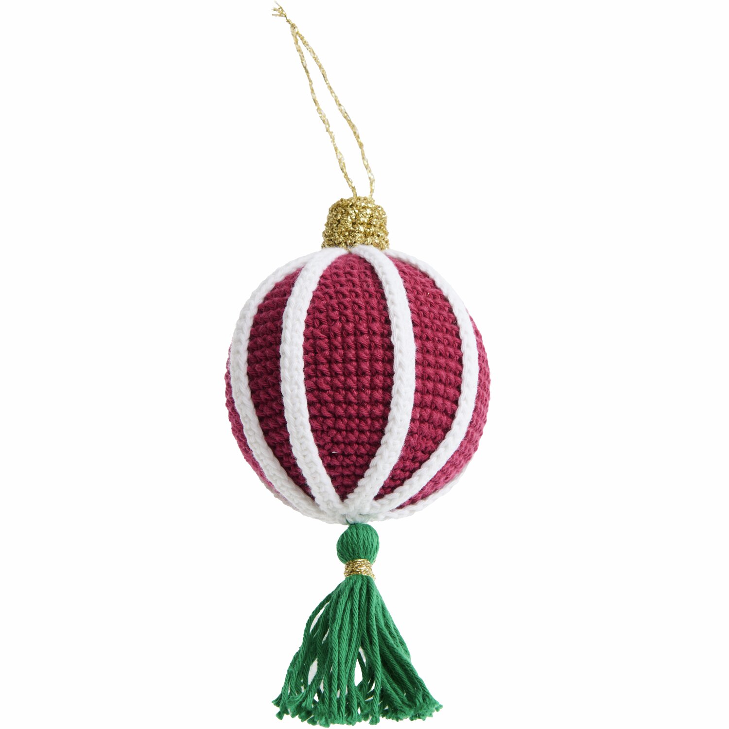 Ricorumi Häkelset Christbaumkugeln Gold 2 Stück von Rico Design Ricorumi Häkelset Christbaumkugeln Gold: Handgehäkelte Kugel in Rot mit weißen Streifen und grünem Quast. Ideal für festliche Dekorationen.