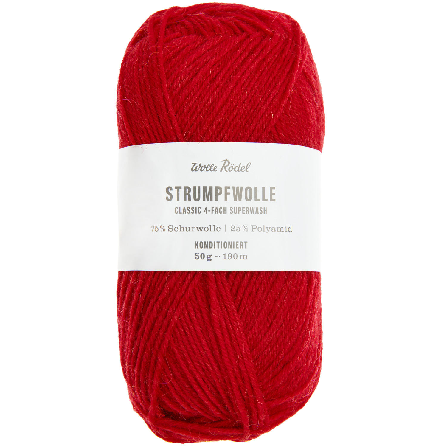 Strumpfwolle Classic 4fädig in leuchtendem Rot, 50g Knäuel, ideal für Sockenprojekte.