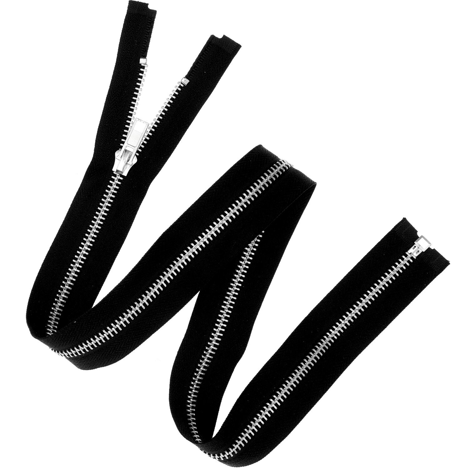 Reißverschluss Metall Silber 5 mm schwarz, Rico Design, mit silbernen 5-mm-Zähnen auf schwarzem Band, teilbar, Länge 65cm, ideal für Jacken und Mäntel
