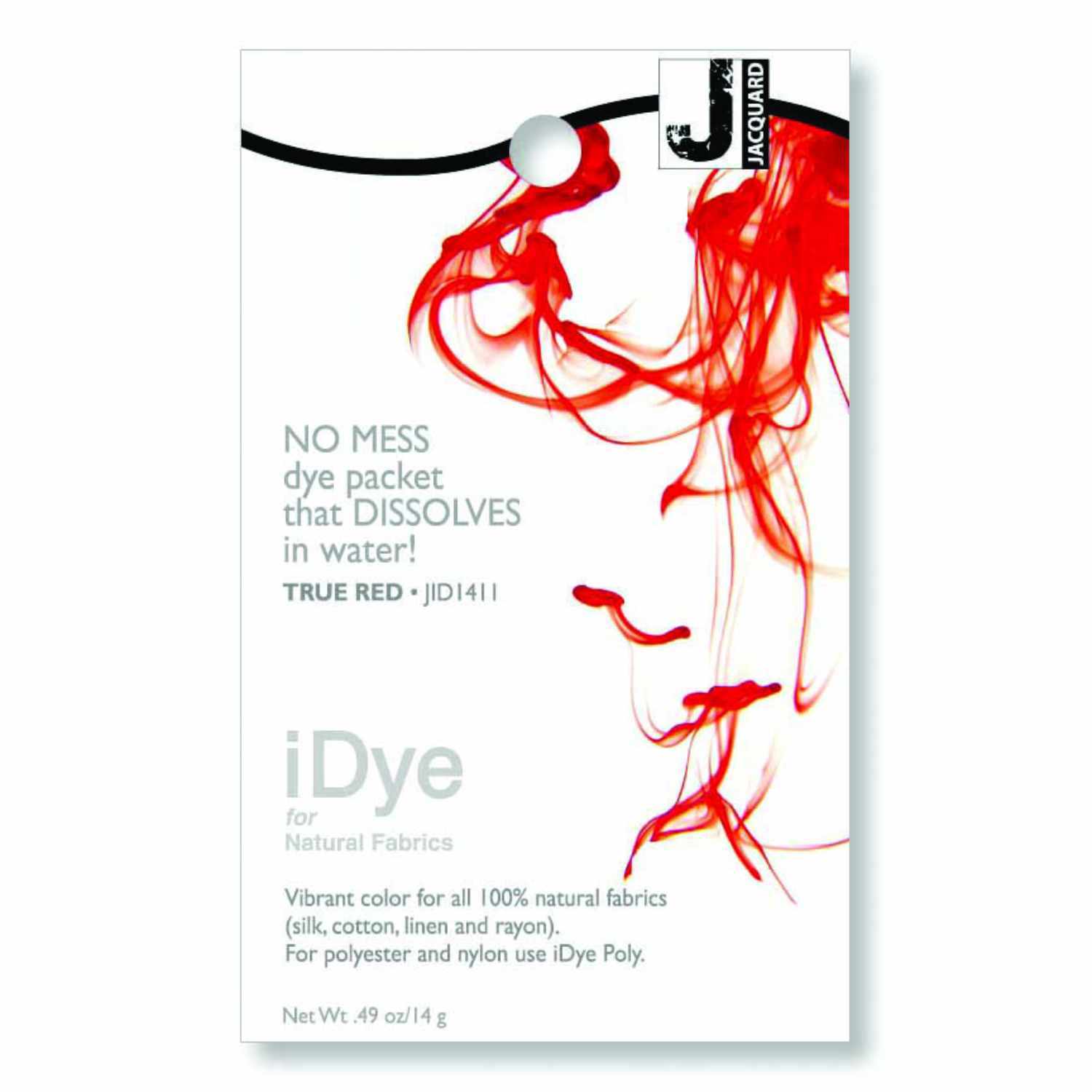 iDye Direct Textilfarbe in leuchtendem Rot, 14g, von JACQUARD, zeigt sich in dynamischem Design. Ideal für natürliche Stoffe.