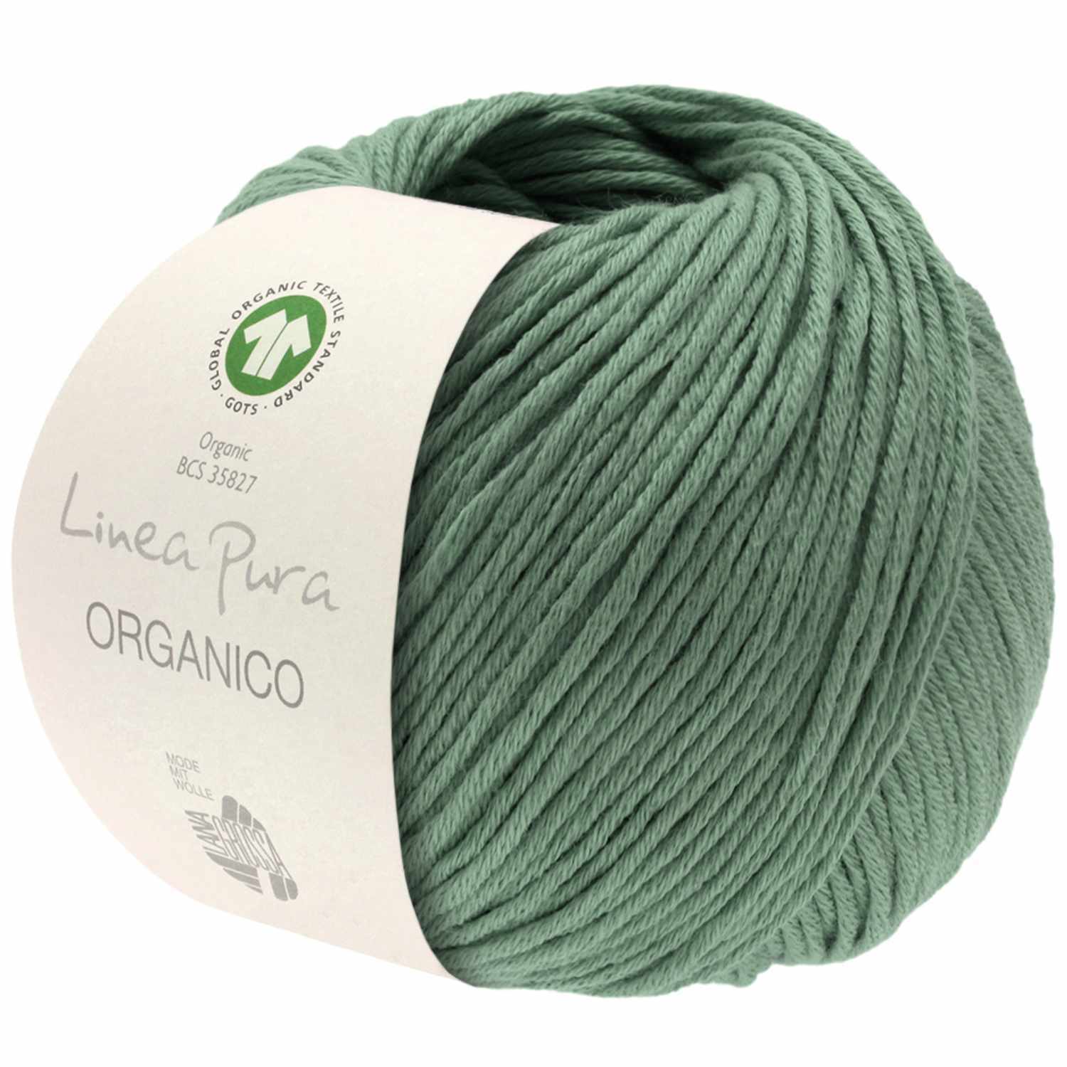 Linea Pura Organico Wolle in Schilfgrün von Lana Grossa, 50g Knäuel mit 90m Länge, ideal für nachhaltige Strickprojekte.