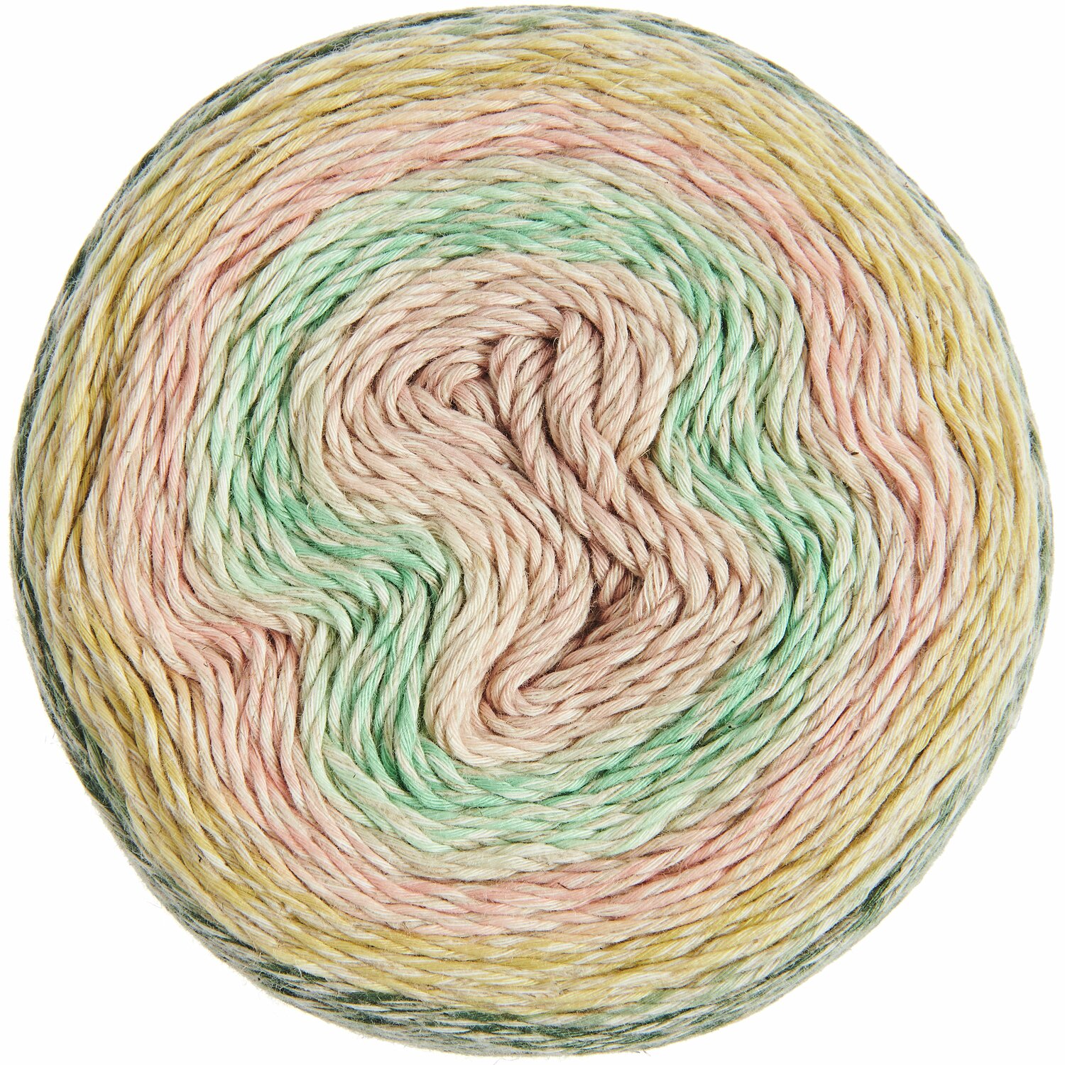Creative Cotton Linen Cake, 200g 480m, zeigt pastellfarbene Garnschichten in Rosa, Grün und Gelb. Perfekt für kreative Strickprojekte.