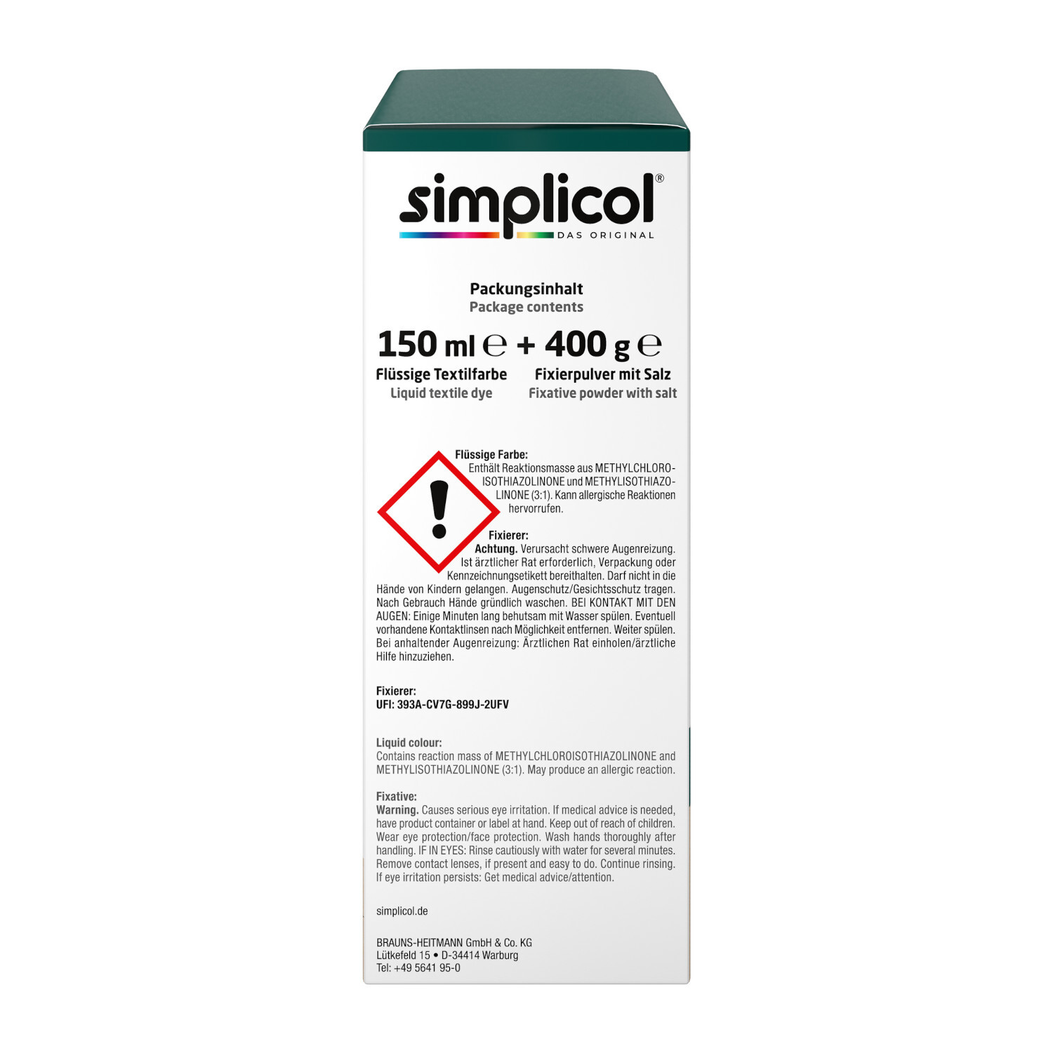 Textilfarbe intensiv 150ml, simplicol: Flüssige Textilfarbe in Waldgrün mit Fixierpulver.