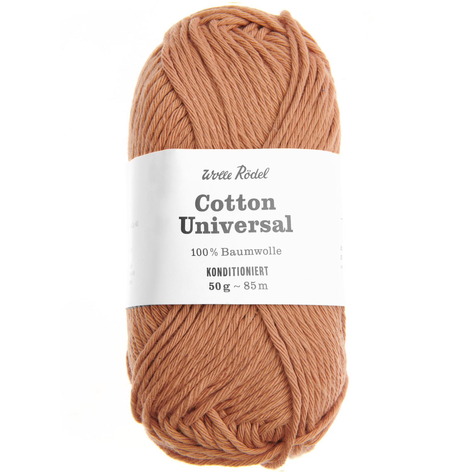 Cotton Universal: Apricotfarbene Baumwollgarnrolle von Wolle Rödel, 50g, 85m, ideal zum Stricken.