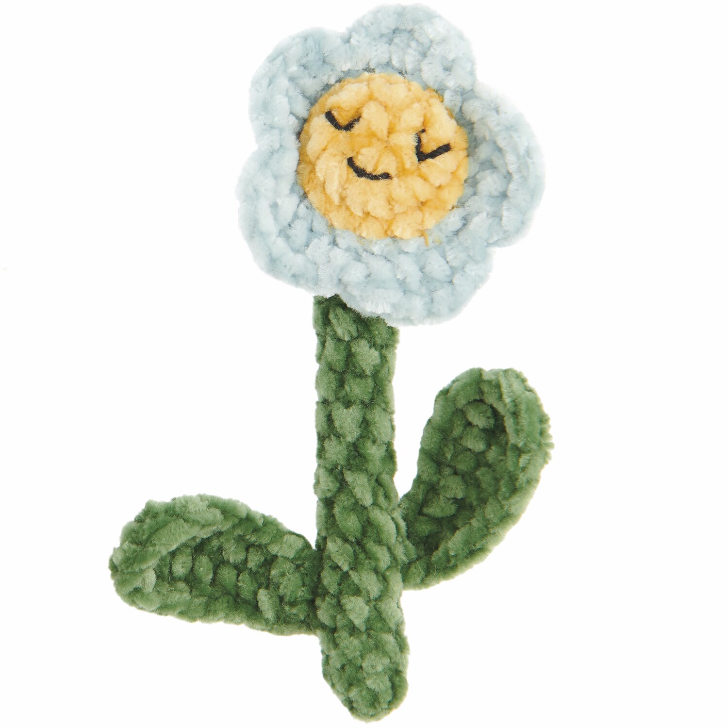 Ricorumi Rico Chingus, gehäkelte Blume mit gelbem Gesicht und grünen Blättern, aus weichem Garn.