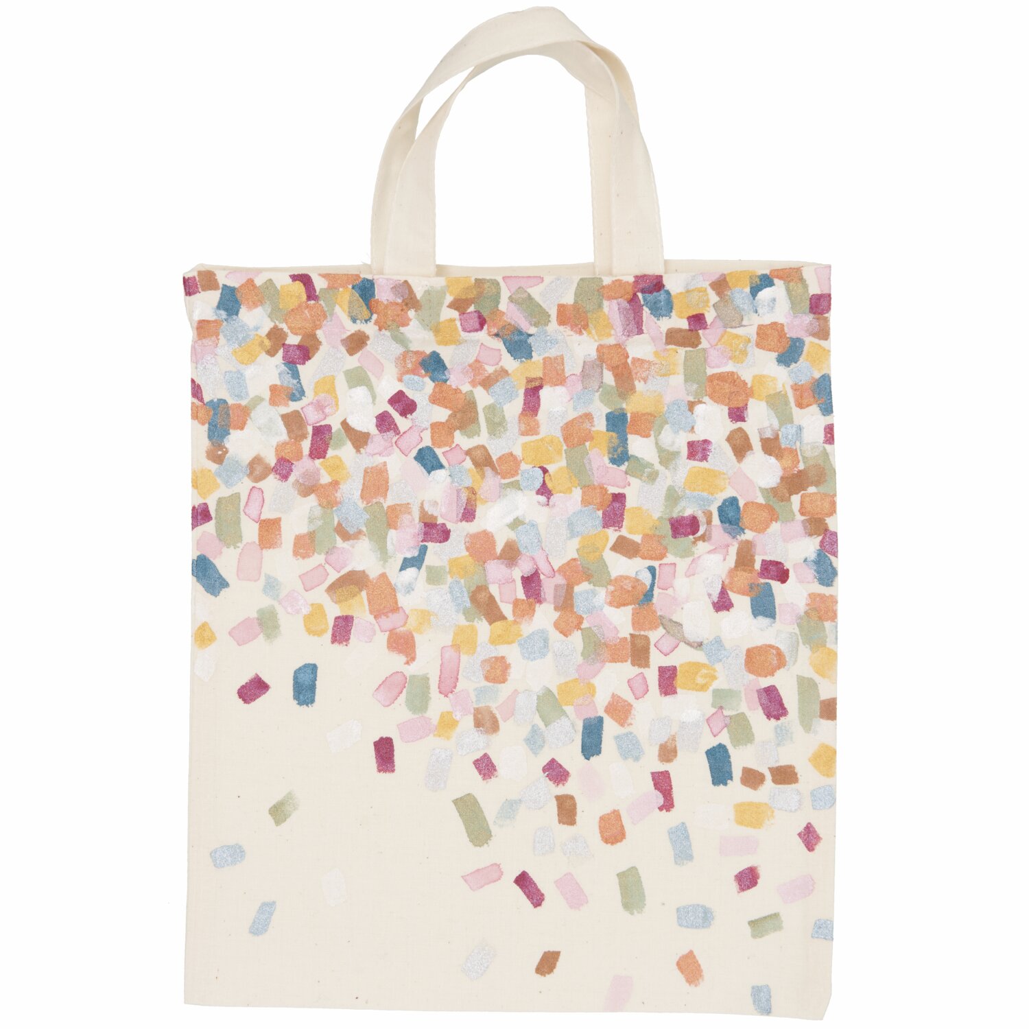 Textilfarben metallic 6x40ml: Bunte Stofftasche mit Konfetti-Design, ideal für kreative DIY-Projekte.