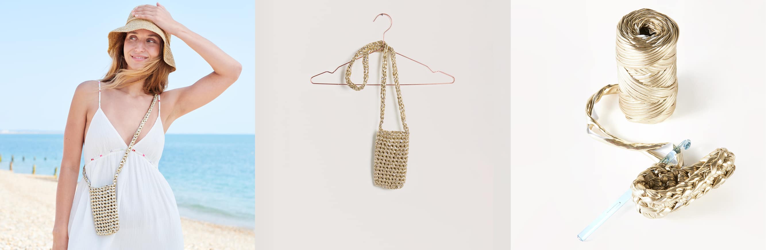 Gehäkelte Tasche Modell 24 aus Lovewool No. 22 getragen an einer Frau und platziert auf einem Bügel. Daneben Garnknäuel in Gold und Häkelstück an Häkelnadel.