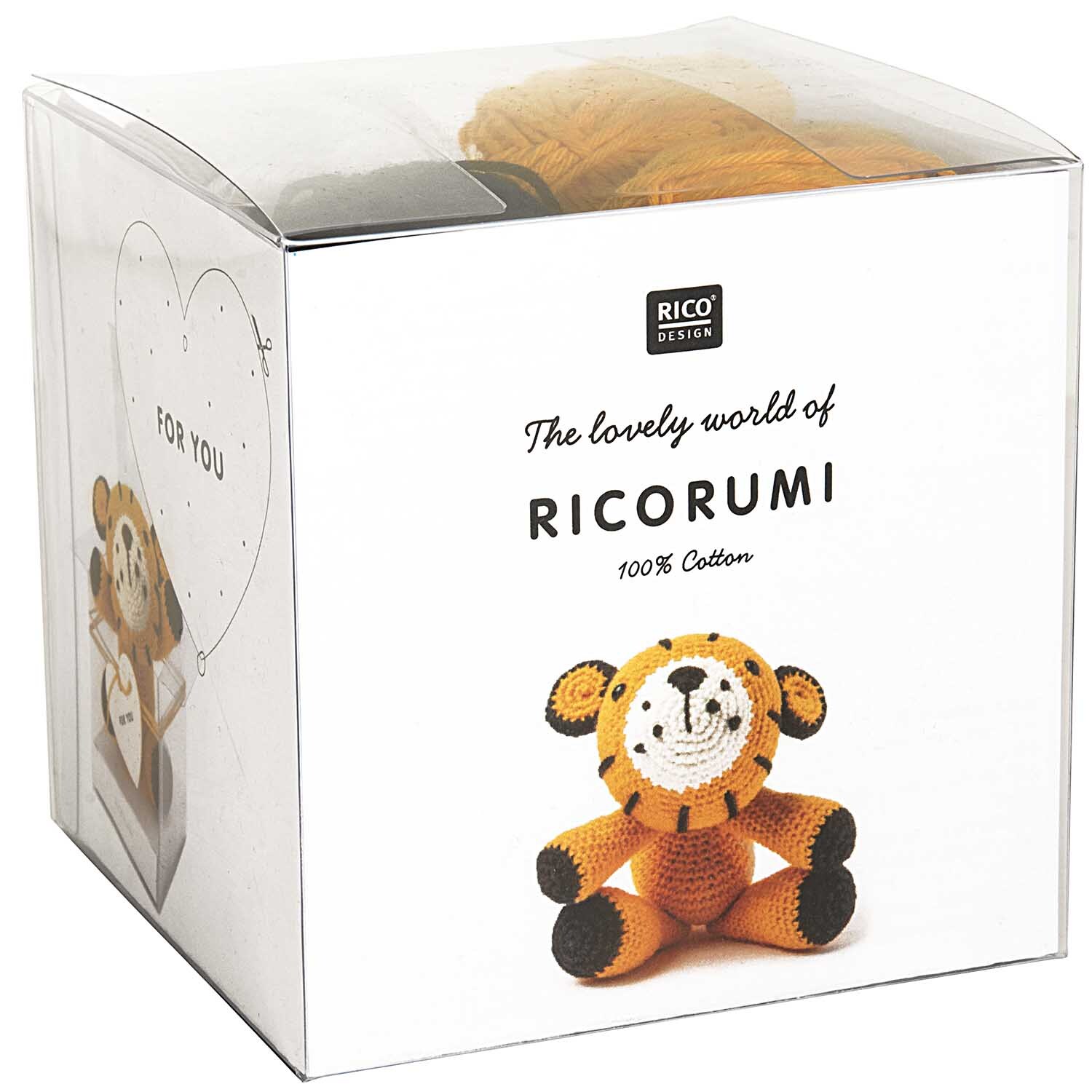 Häkelset Ricorumi Puppies Tiger: Verpackung mit orangefarbenem Garn und niedlichem Tiger-Motiv von Rico Design.