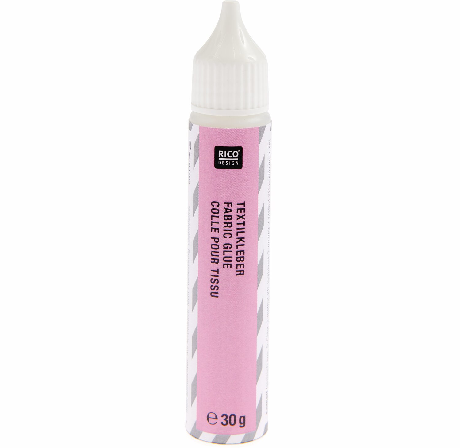 Textilkleber Pen 30g von Rico Design, rosa Flasche mit weißer Spitze, ideal für Stoffarbeiten.