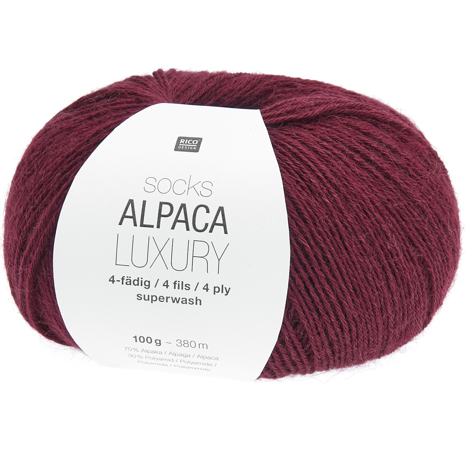 Socks Alpaca Luxury 4-fädig Wolle in Bordeaux von Rico Design, 100g Knäuel mit 380m Länge.