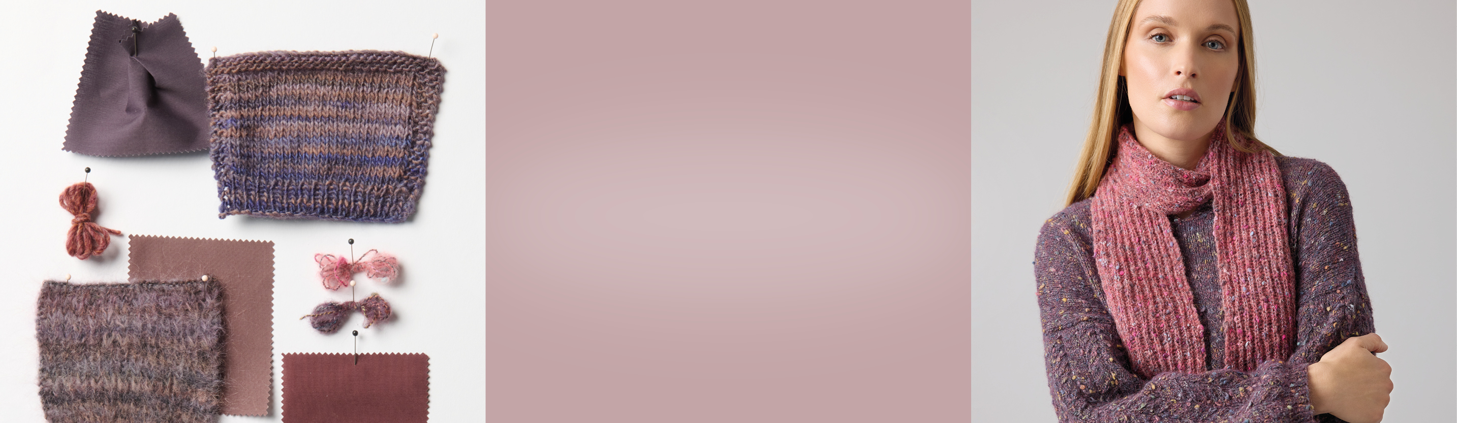 Verschiedene Garne, Strick- und Stoffstücke in beerigen Farben, daneben ein altrosa Farbausschnitt und daneben eine Frau, welche einen gestrickten Pullover und Schal in beerigen Farben trägt.