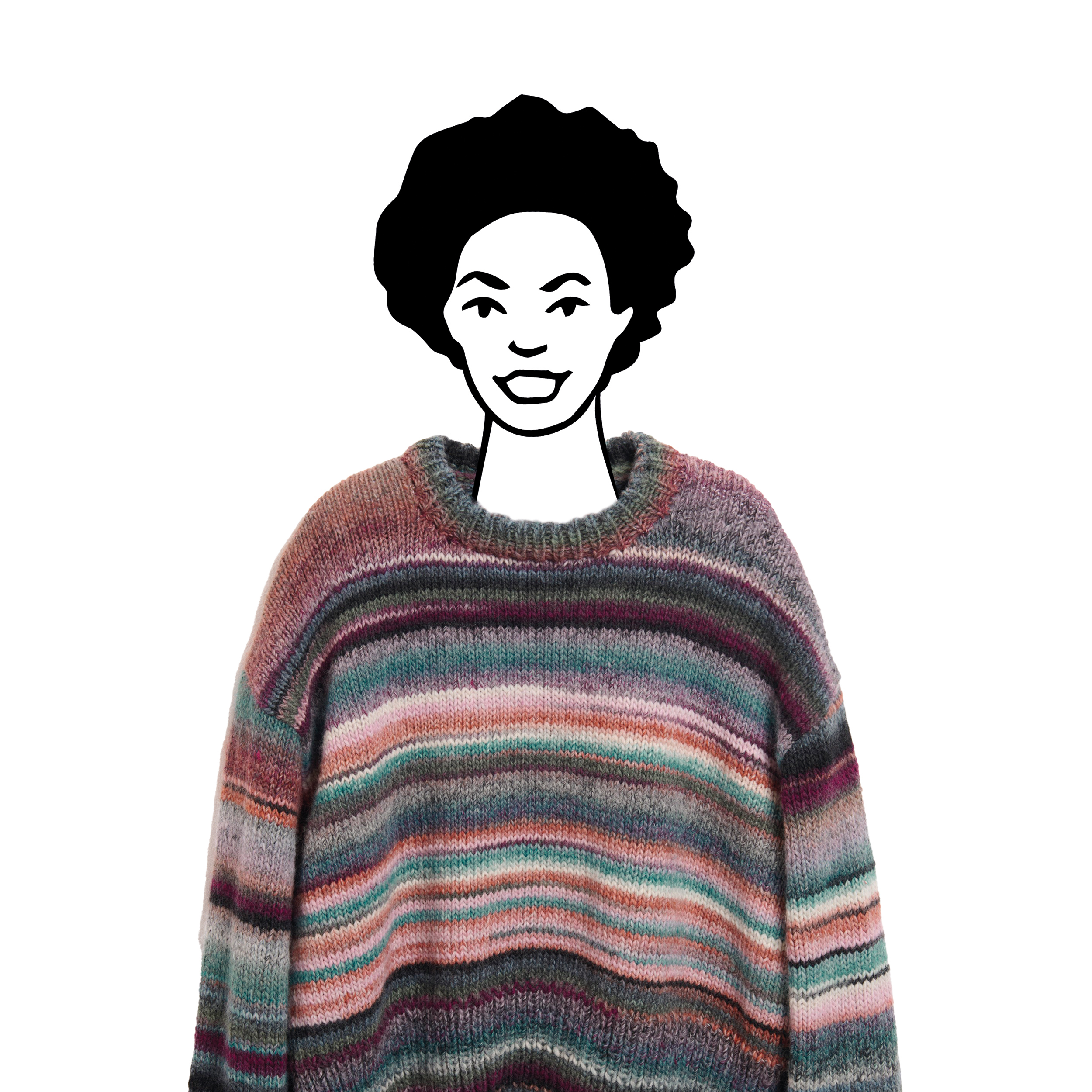 Schwarz-weiß gezeichnete Frau trägt Pullover mit Farbverlauf