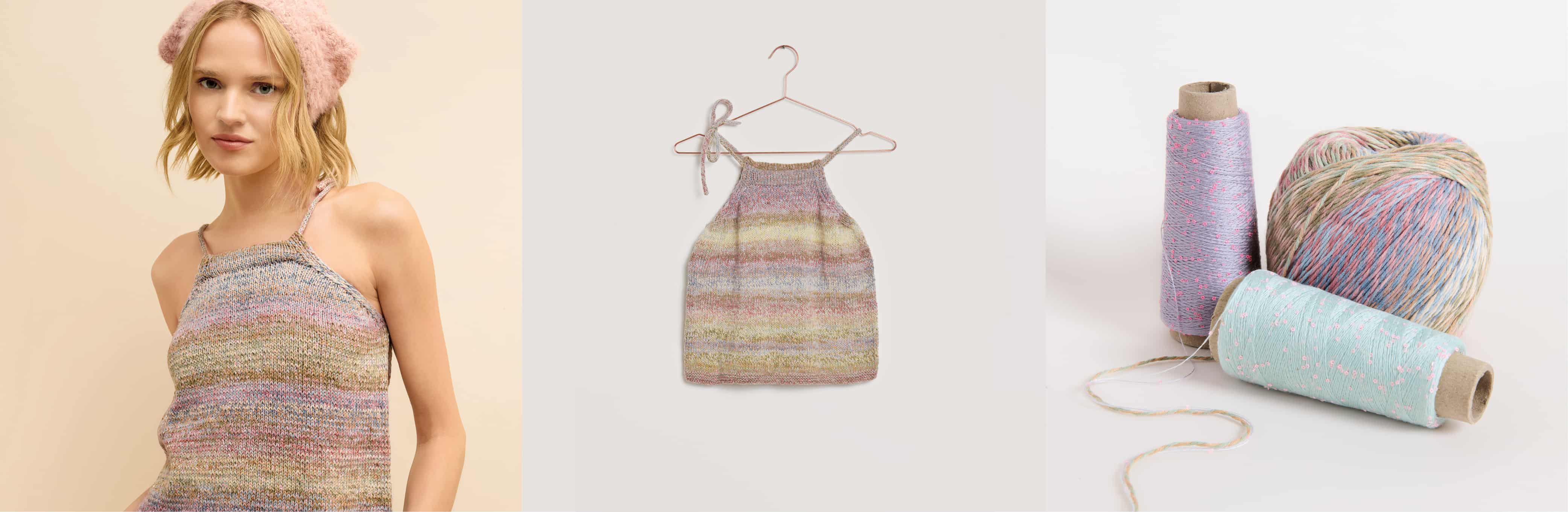 Gestricktes Top Modell 04 aus Made by Me No. 22 getragen an weiblichem Model und auf einem Bügel. Daneben Wollknäuel in hellblau, lila und mit Farbverlauf.