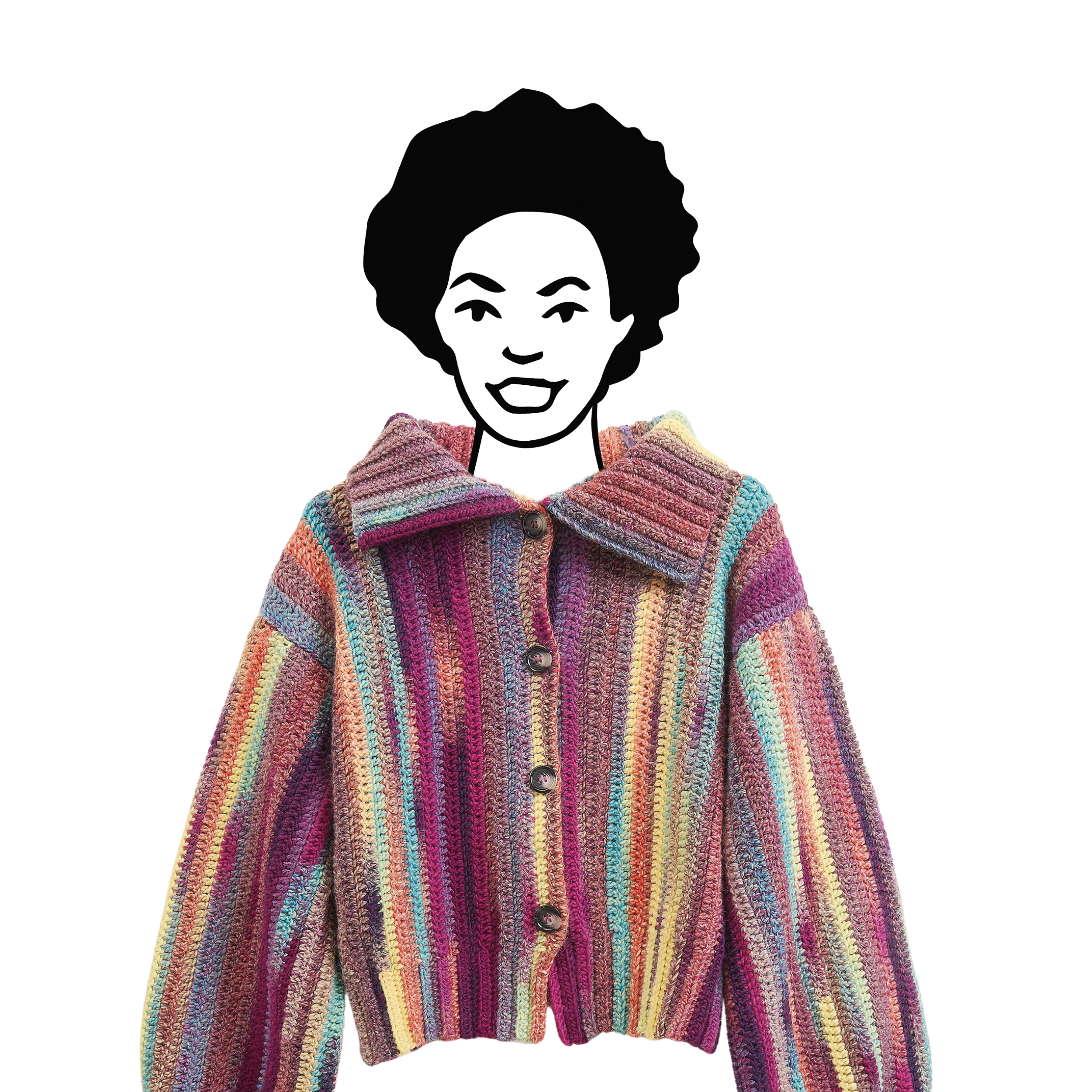 Schwarz-weiß gezeichnete Frau trägt bunte Häkeljacke