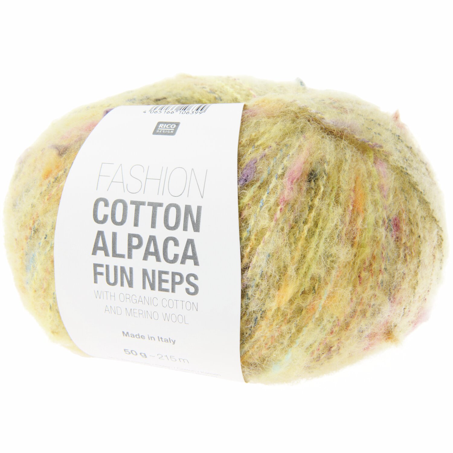 Fashion Cotton Alpaca Fun Neps: Weiches Garn in Gelb mit bunten Akzenten, ideal für Strickprojekte.