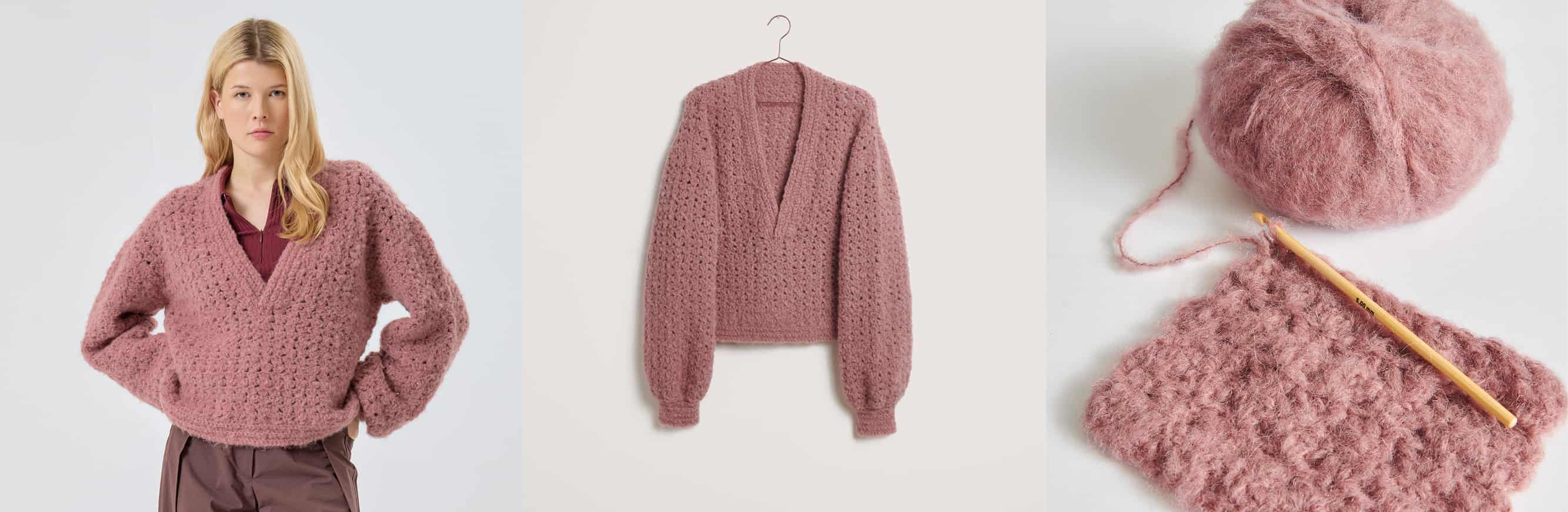 Gehäkelter Pullover Modell 36 aus Made by Me No. 21 getragen an weiblichem Model und auf einem Bügel. Daneben Wollknäuel in Altrosa und Häkelstück an einer Häkelnadel. 