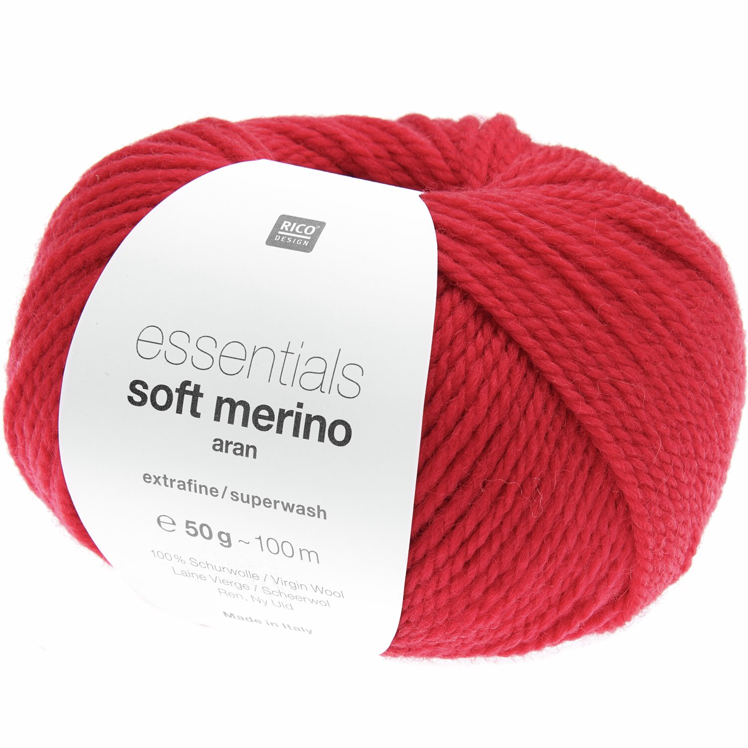Essentials Soft Merino aran 50g 100m Farbe Lipstick Red von Rico Design Essentials Soft Merino aran Wolle in kräftigem Rot, 50g Knäuel von Rico Design, ideal zum Stricken.