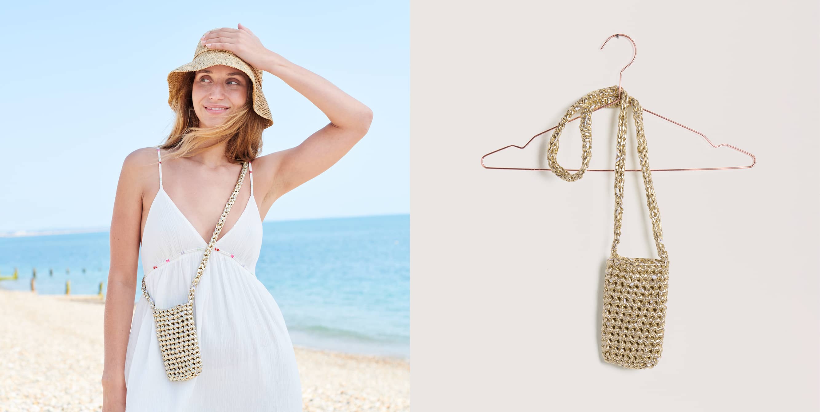 Gehäkelte Tasche Modell 24 aus Lovewool No. 22 getragen an einer Frau und platziert auf einem Bügel.