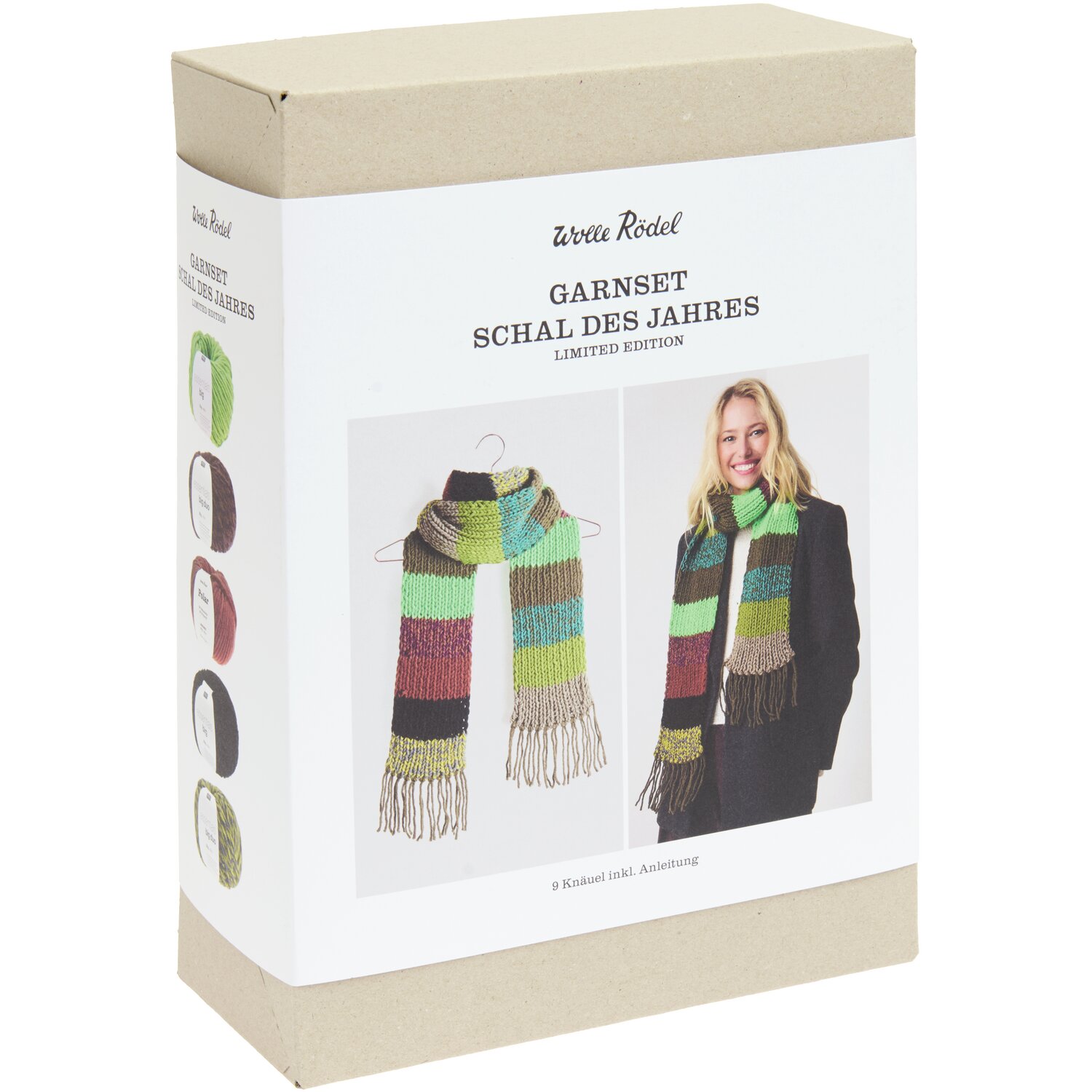 Garnset „Schal des Jahres“ von Wolle Rödel in grün. Verpackung zeigt gestrickten Schal.