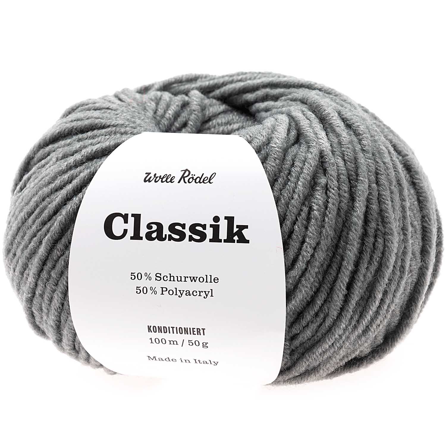 Classik 50g 90m Farbe Mittelgrau-Melange von idee. Creativmarkt Classik Wolle in Mittelgrau-Melange von Wolle Rödel, 50g Knäuel, ideal für Strickprojekte.