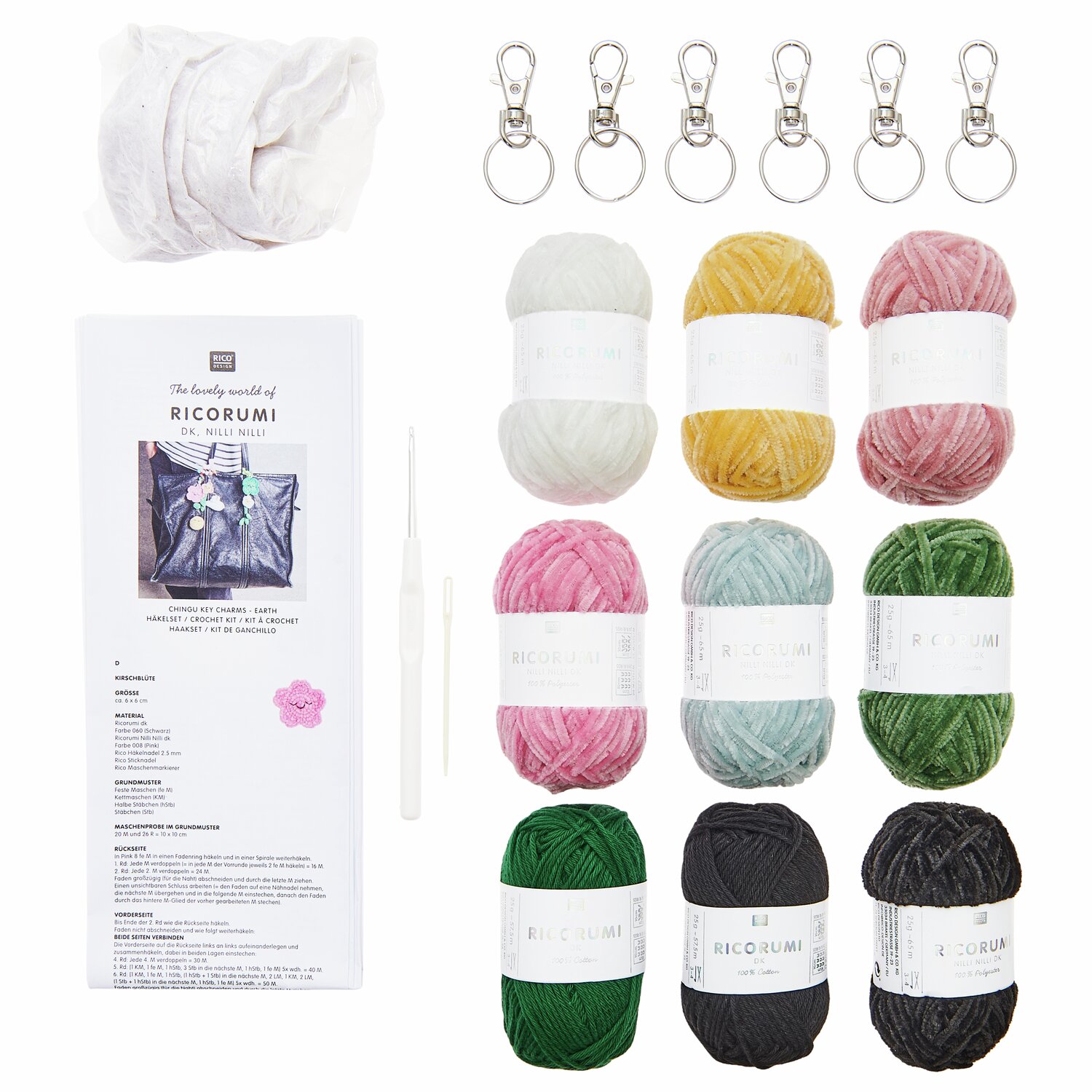 Ricorumi Häkelset Schlüsselanhänger Chingu Earth mit bunten Garnen, Häkelnadeln und Schlüsselringen, ideal für kreative DIY-Projekte.