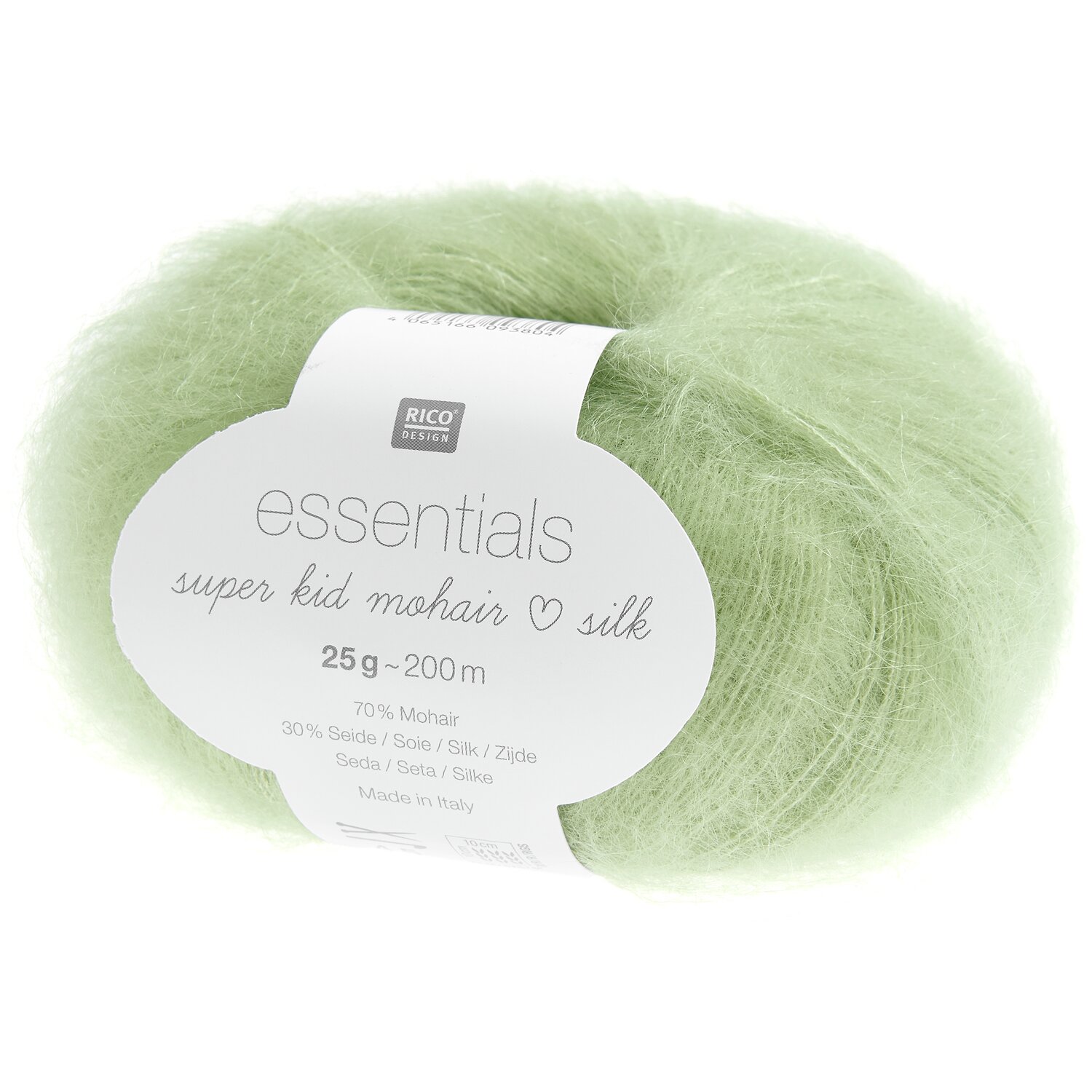Essentials Super Kid Mohair Loves Silk in sanftem Grün, 25g Knäuel, 200m Länge, von Rico Design. Ideal für luxuriöse Strickprojekte.