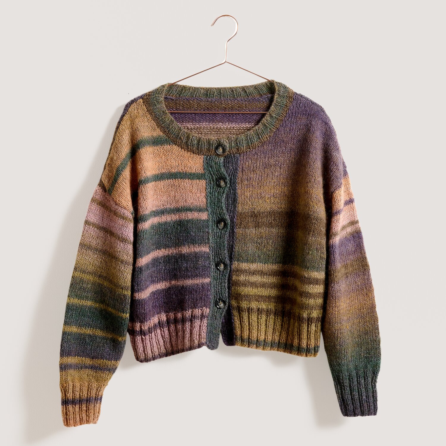 Creative Wool Tonality Strickjacke mit schmalen Knöpfen, Rico Design Garn, melierte Streifen, langärmlig, locker geschnitten, Subtitel 200g 670m
