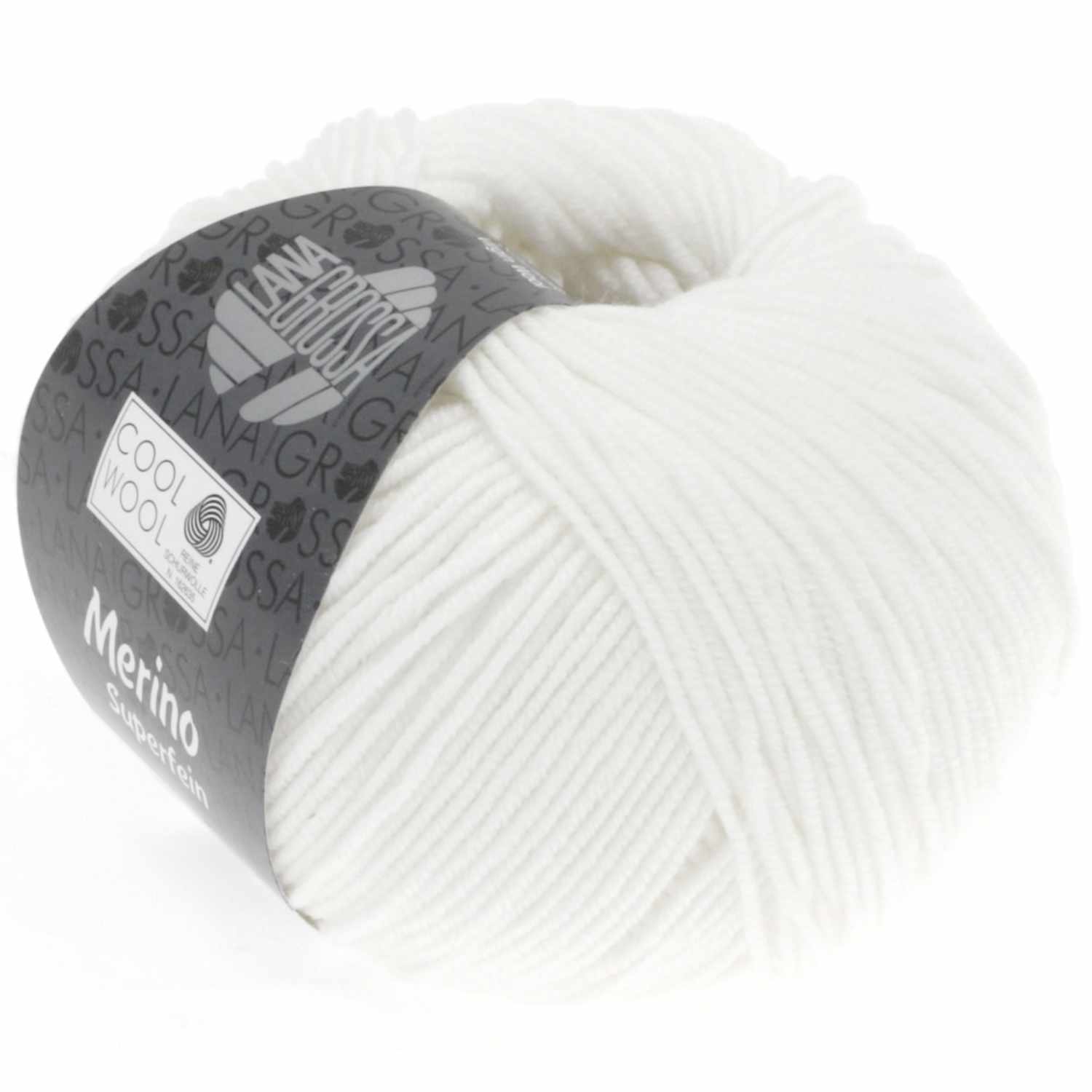 Cool Wool: Weiches, weißes Merinogarn von Lana Grossa, 50g Knäuel mit 160m Lauflänge. Ideal für Strickprojekte.
