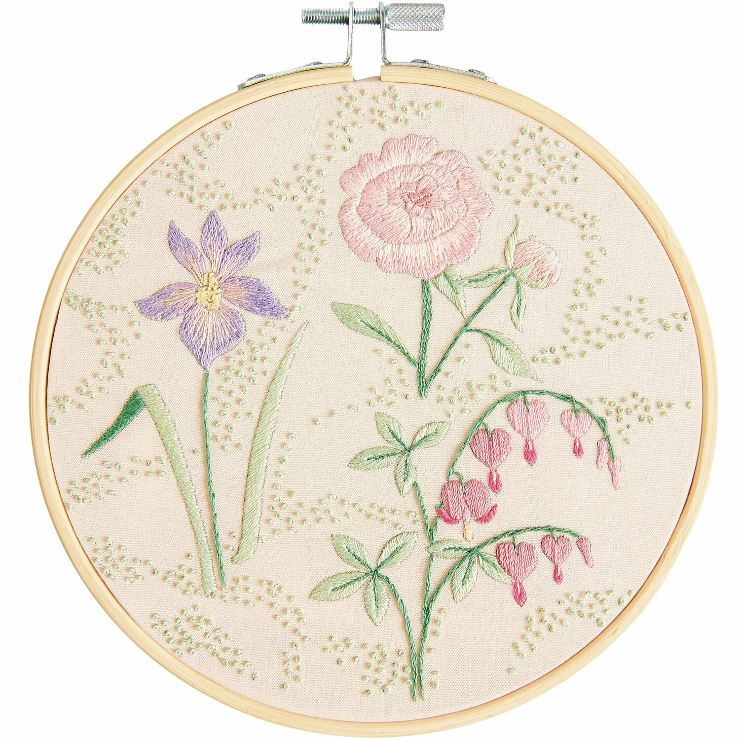 Stickpackung Vorgezeichnet Frühlingsblumen zeigt zarte Blumenstickerei in Pastelltönen auf beigem Stoff, Ø15cm.