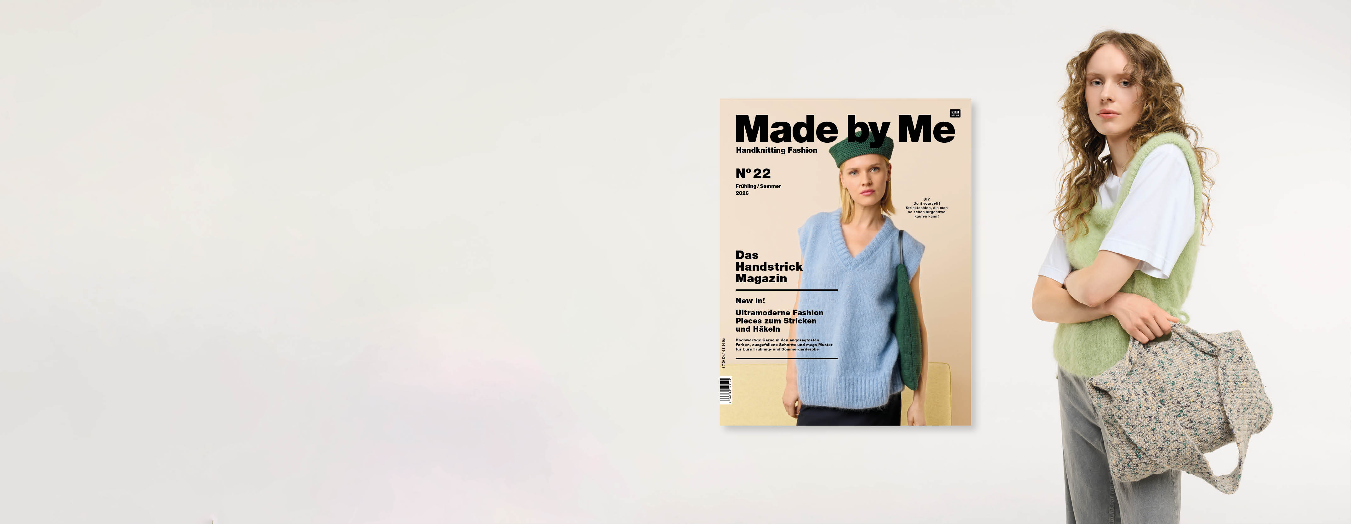 Frau mit grünem Stricktop und Häkeltasche, daneben Cover Made by Me N° 22