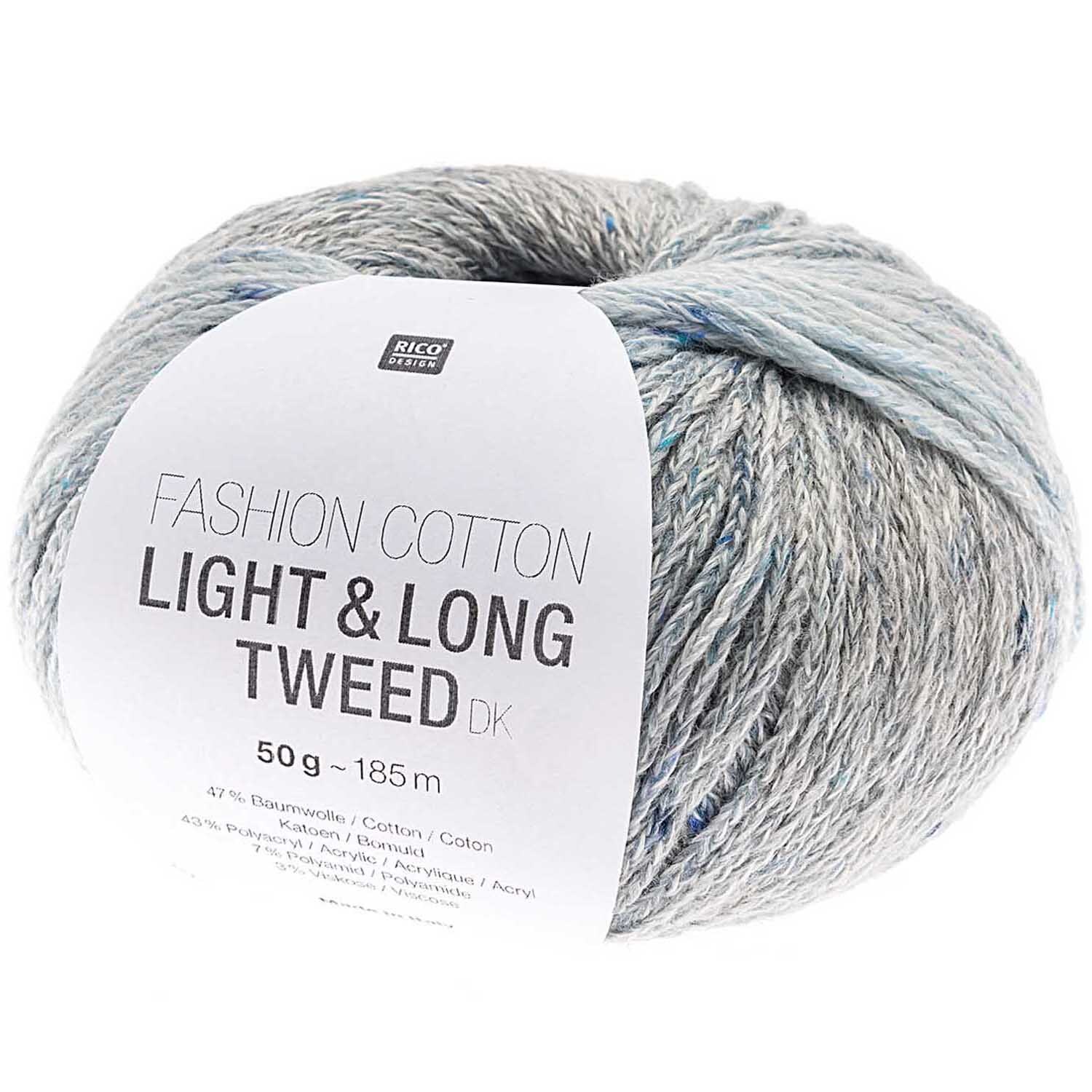 Fashion Cotton Light & Long Tweed dk: Weiches Garn in Blau von Rico Design, ideal für Strickprojekte. 50g Knäuel mit 185m Lauflänge.