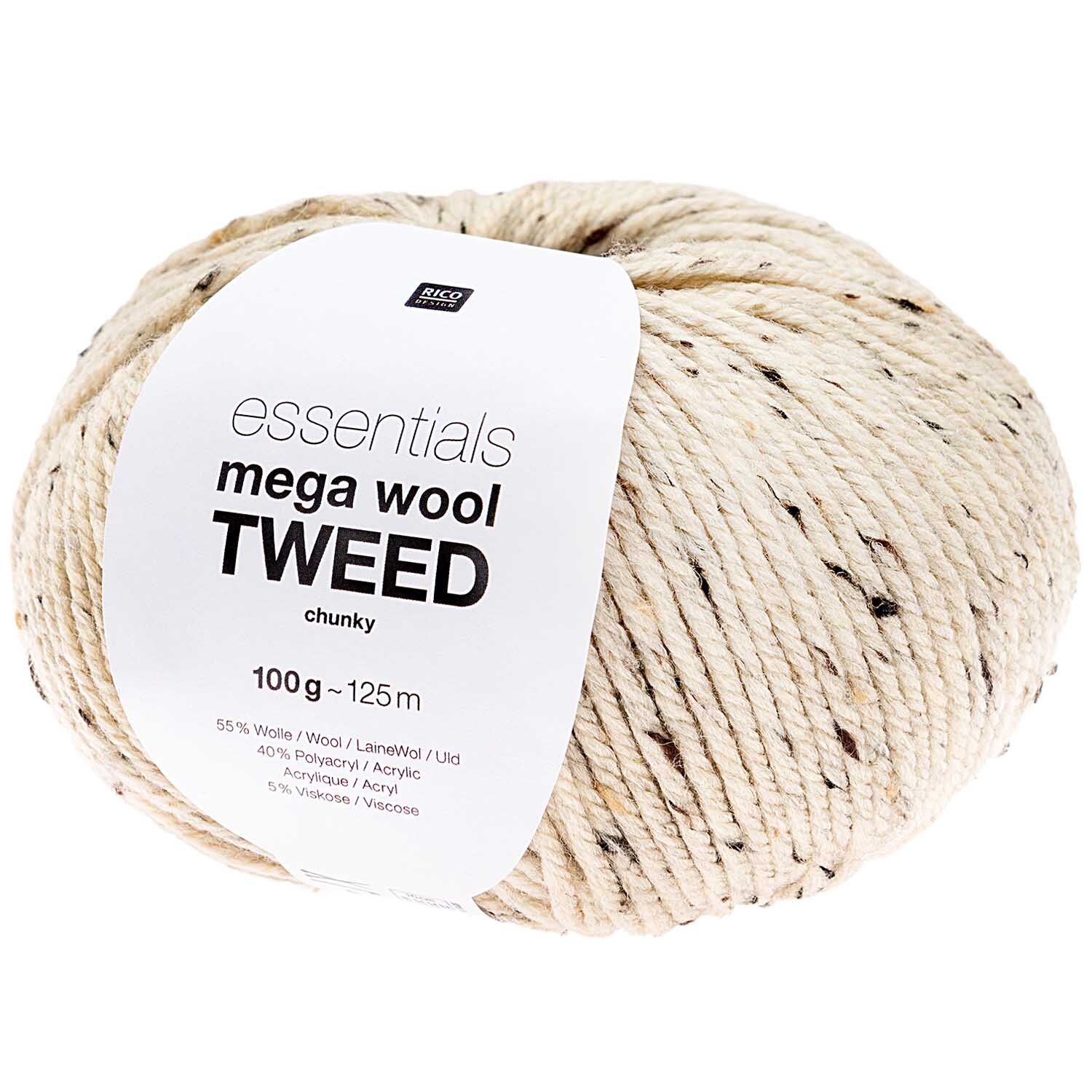 Essentials Mega Wool Tweed chunky 100g 125m Farbe Natur von Rico Design Essentials Mega Wool Tweed chunky: Naturfarbene Wollknäuel von Rico Design, 100g, 125m Länge. Ideal für warme Strickprojekte.