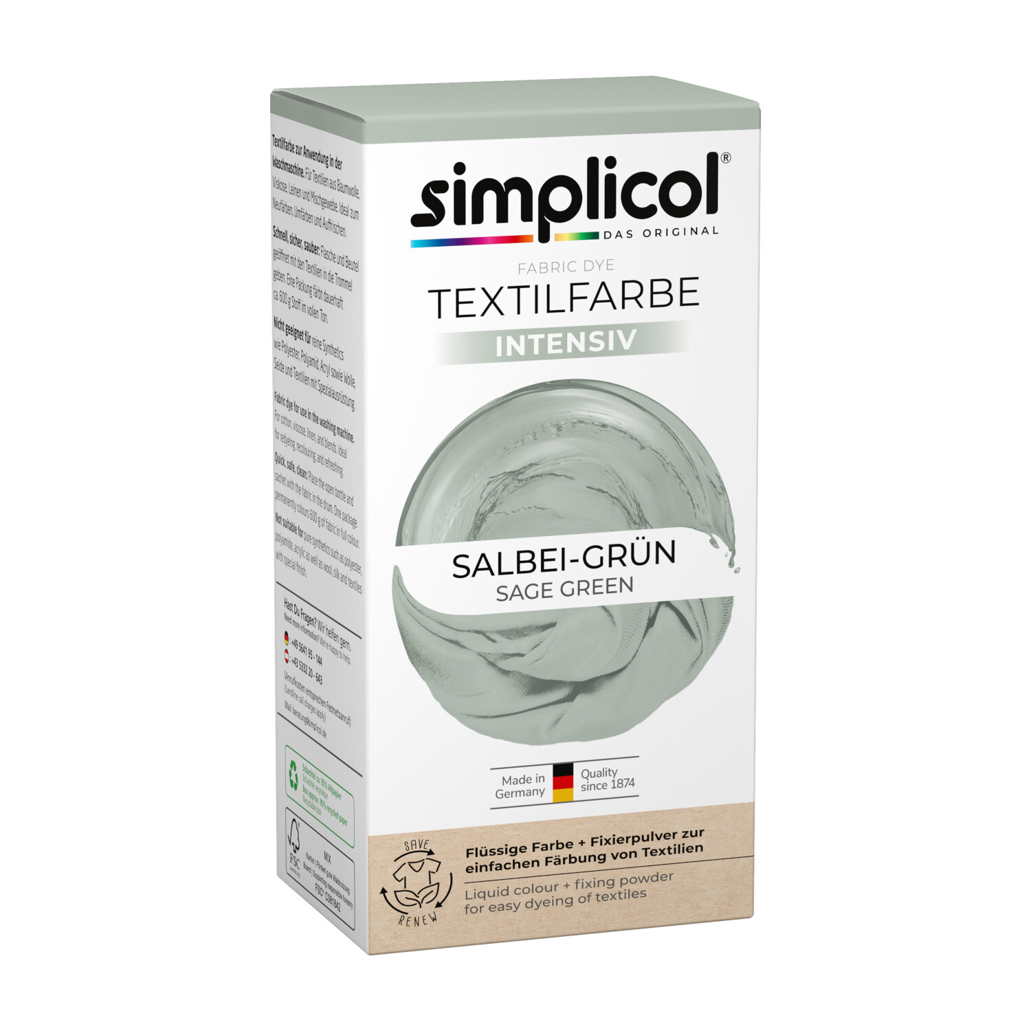 Textilfarbe intensiv 150ml in Salbeigrün von simplicol. Flüssige Farbe für Textilien.