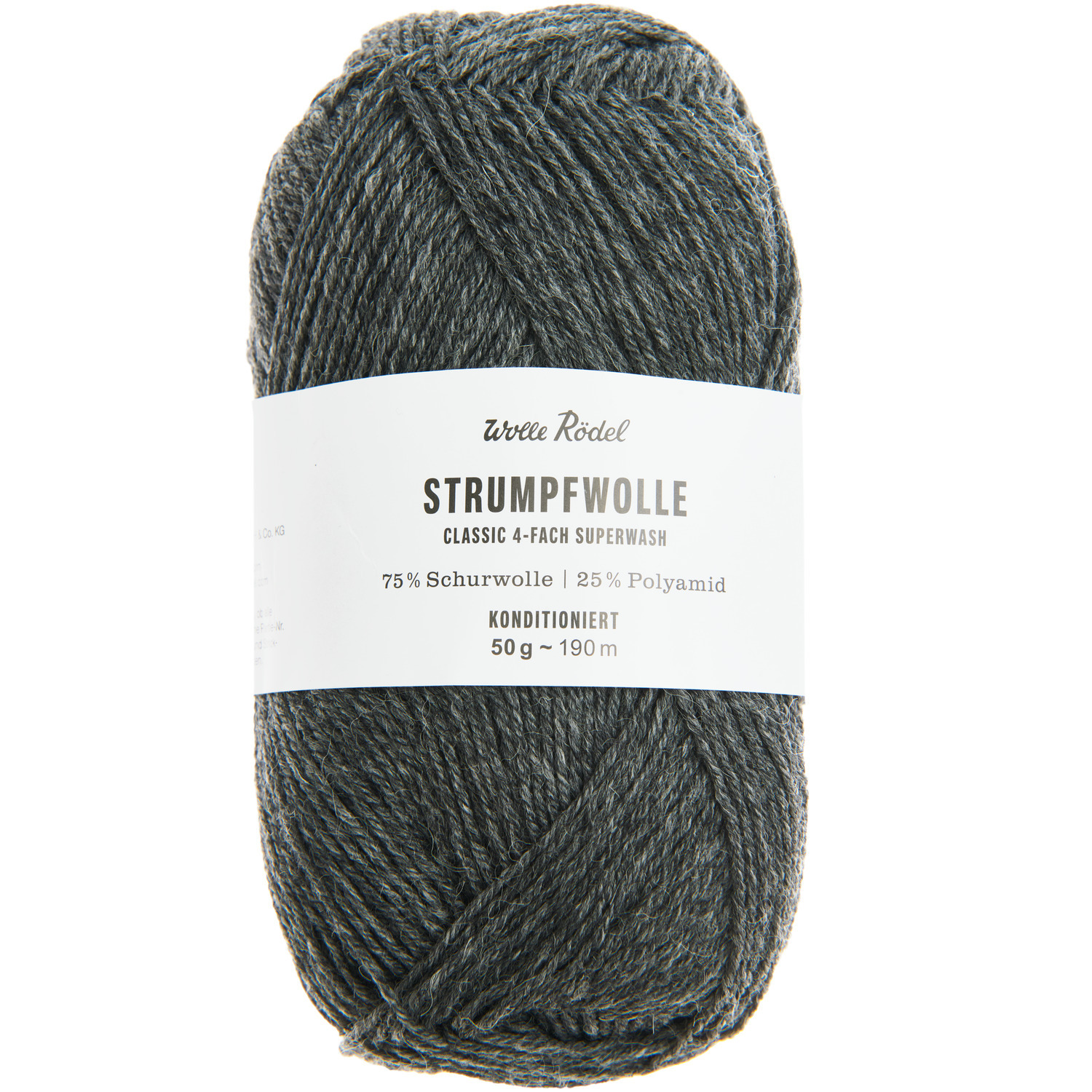 Strumpfwolle Classic 4fädig in Grau von Wolle Rödel, 50g Knäuel, ideal für Sockenprojekte.