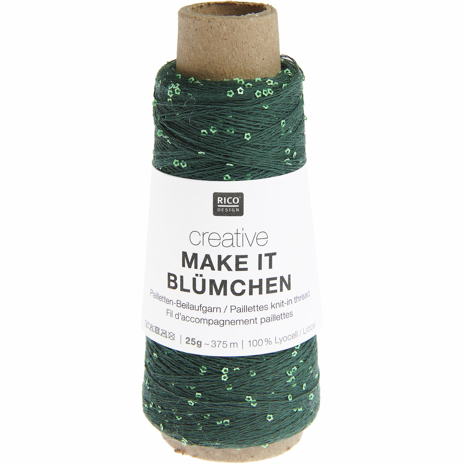 Creative Make It Blümchen 25g 375m Farbe Efeu von Rico Design Creative Make It Blümchen: Dunkelgrünes Garn mit Pailletten von Rico Design, 25g, 375m, auf Pappkern.