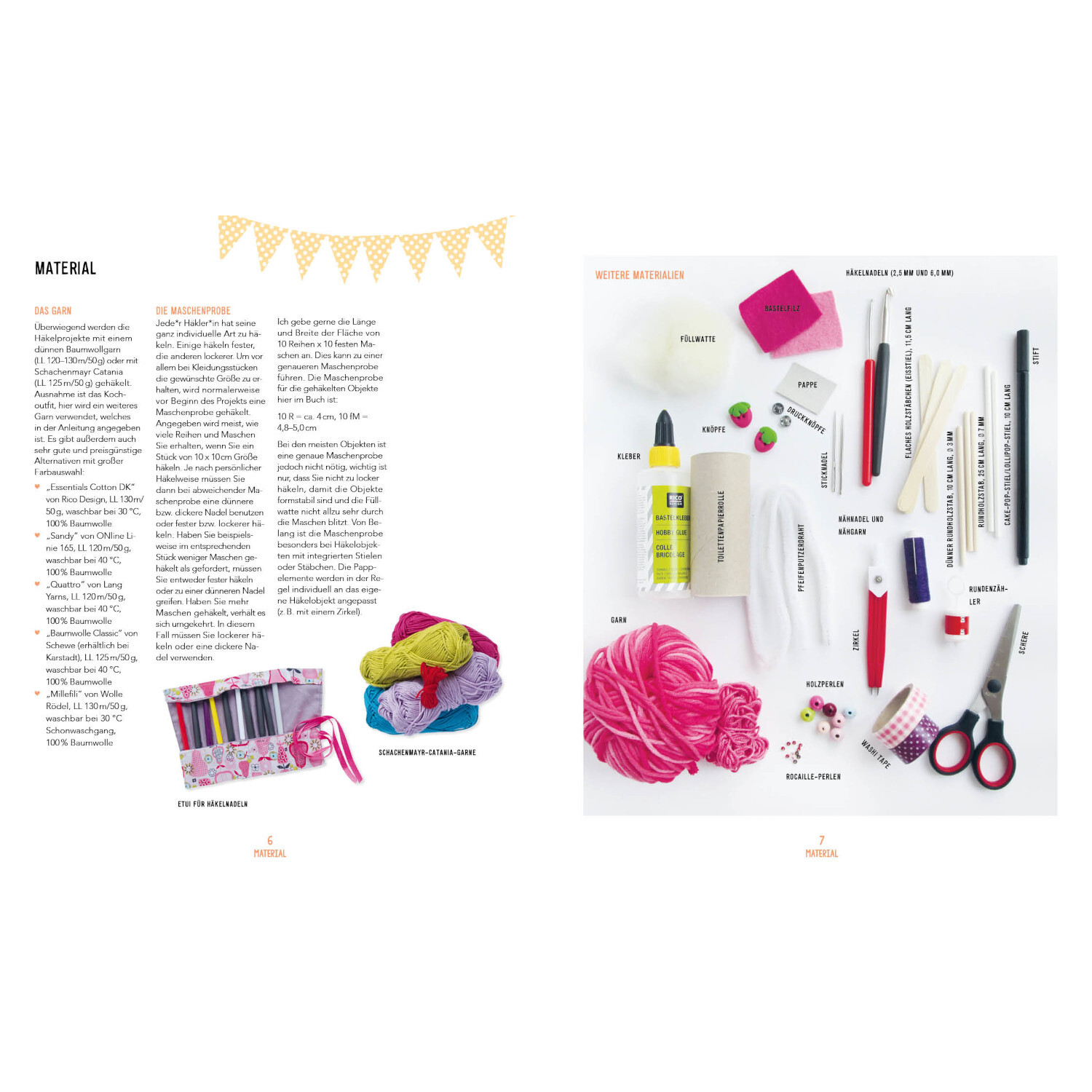 Meine Häkelküche: Bunte Bastelmaterialien wie Garn, Schere und Kleber auf weißem Hintergrund.