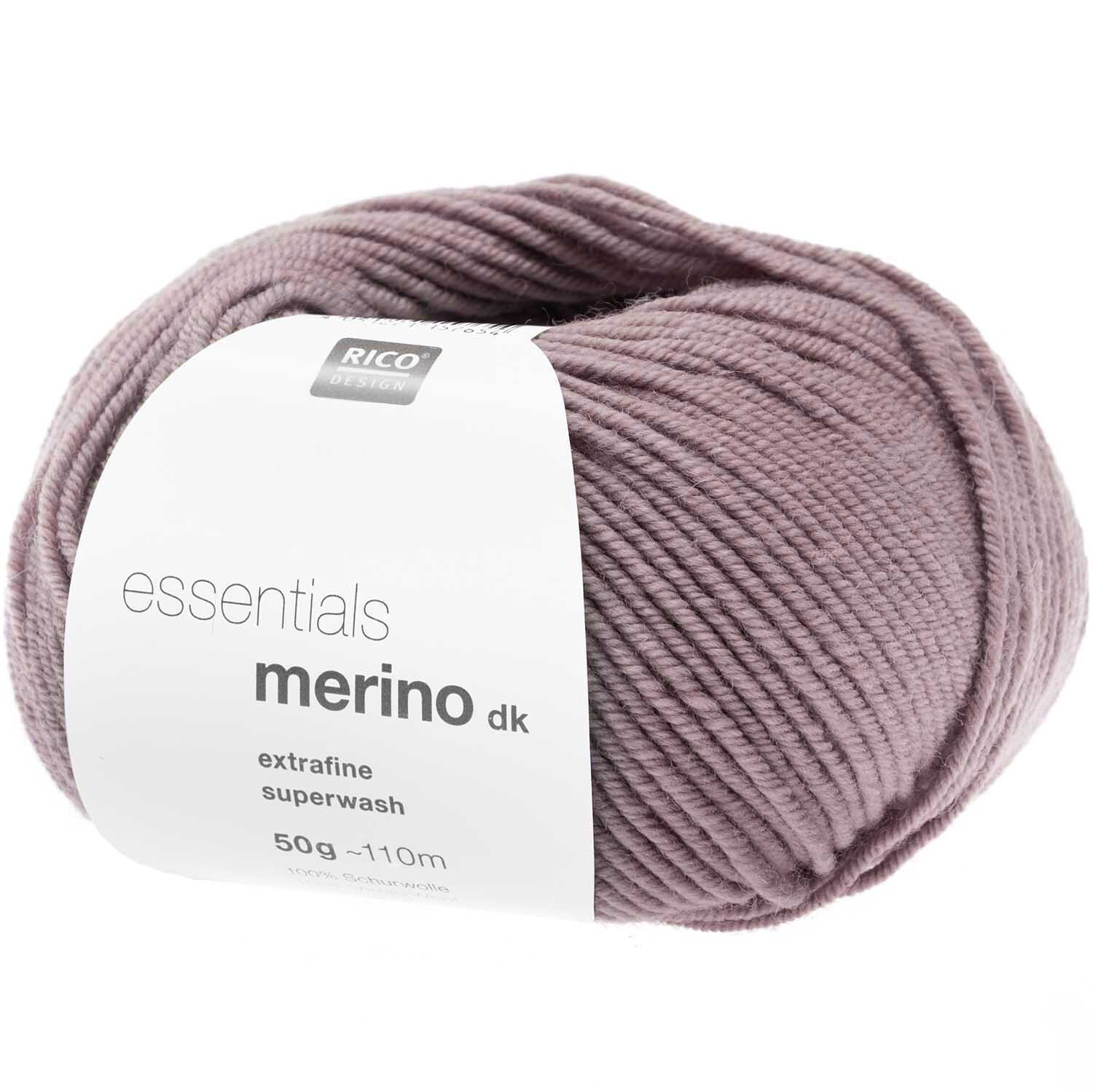 Essentials Merino dk Wolle in Veilchen von Rico Design, 50g Knäuel mit 110m Lauflänge.