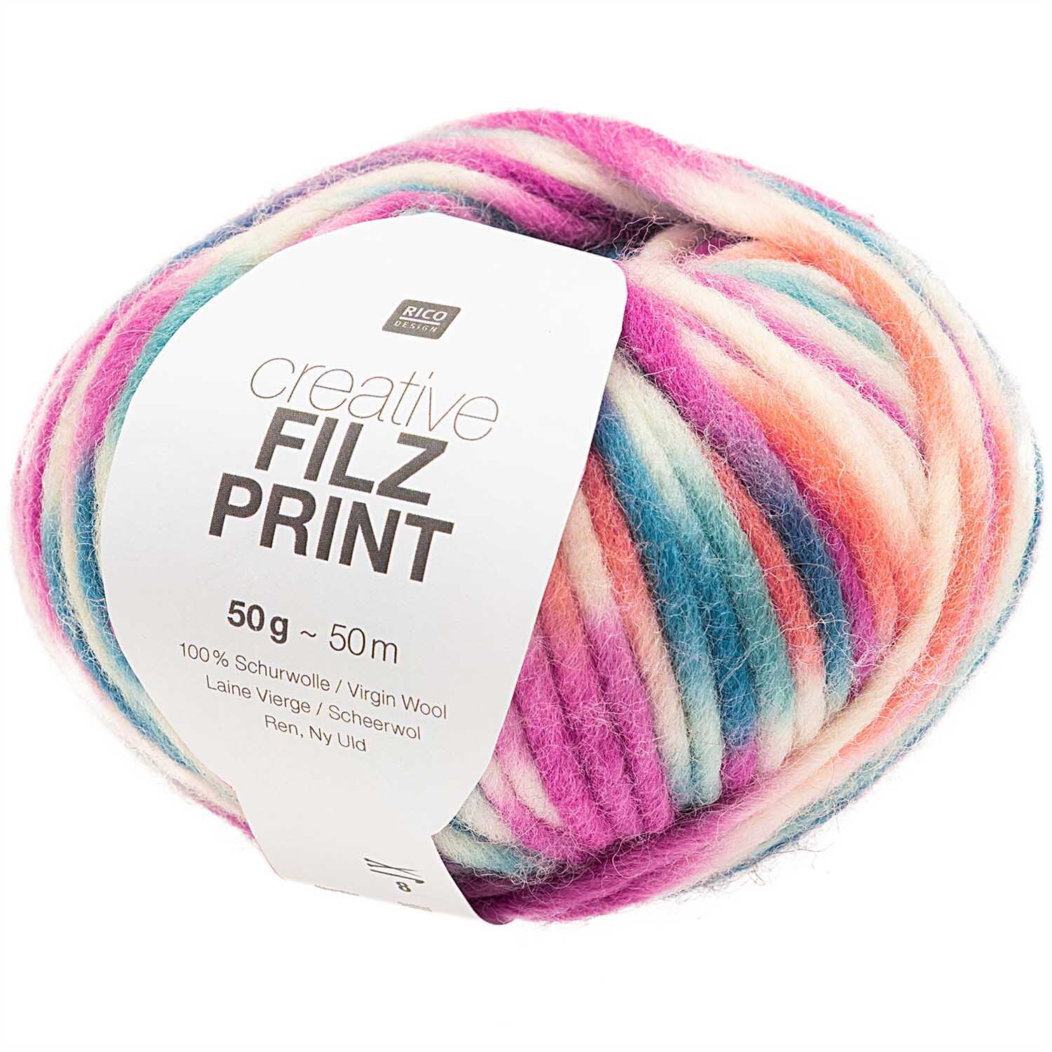Creative Filz Print 50g 50m Farbe Blau Color von Rico Design Creative Filz Print Wolle von Rico Design in Blau Color, 50g 50m, zeigt bunte Filzwolle.