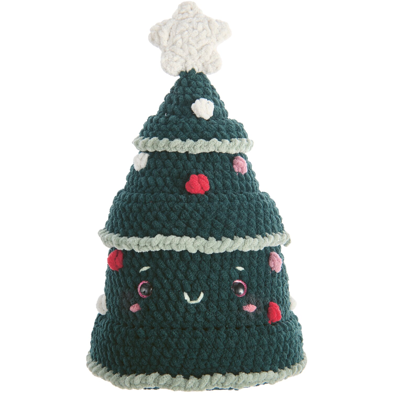 Creative Chenillove Sparkle 100g 110m Farbe Beere von Rico Design Häkelset Weihnachtsbaum Modell 4 aus Chenillove Sparkle Christmas. Dunkelgrüner Baum mit cremefarbenem Stern und roten Akzenten.