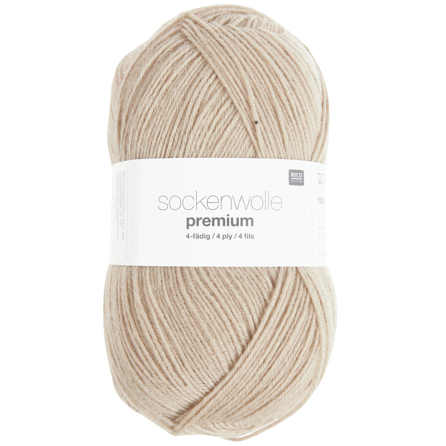 Sockenwolle Premium 4-fädig, beige, 100g 380m, von Rico Design. Ideal für Strickprojekte.