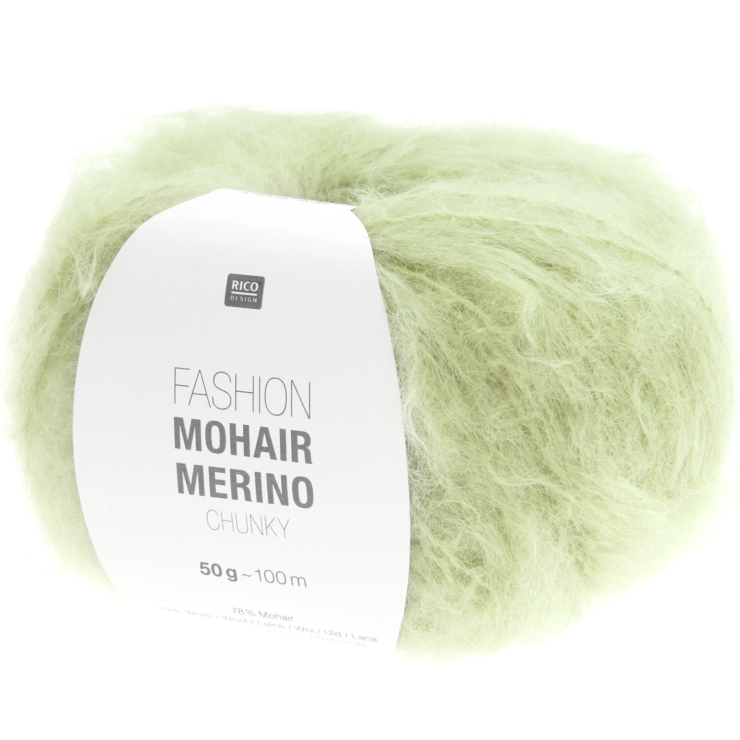 Fashion Mohair Merino Chunky in Pistazie, 50g, 100m. Flauschiges Garn von Rico Design für kreative Strick- und Häkelprojekte.