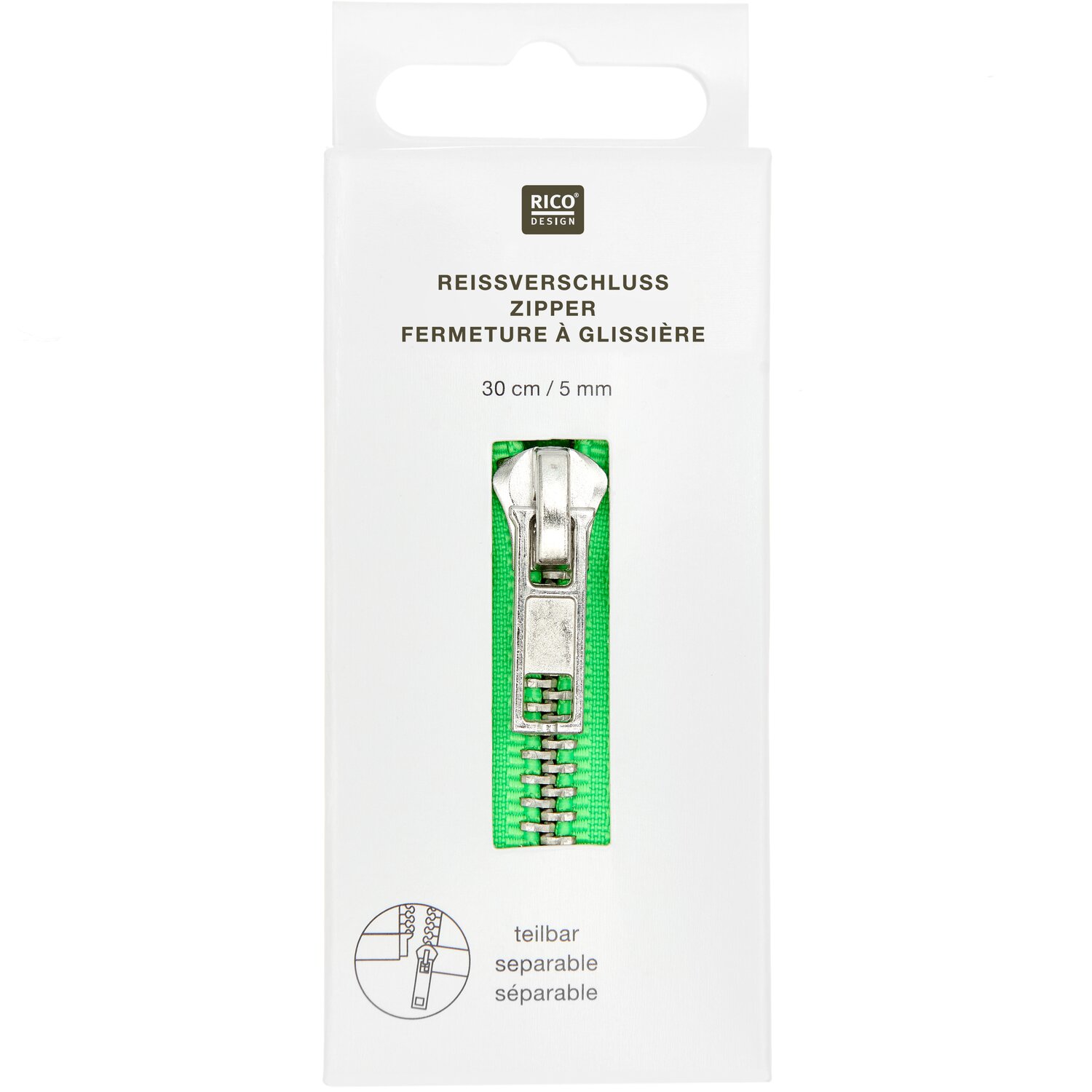 Metall Reißverschluss 5mm Silber/Neongrün Länge 30cm von Rico Design