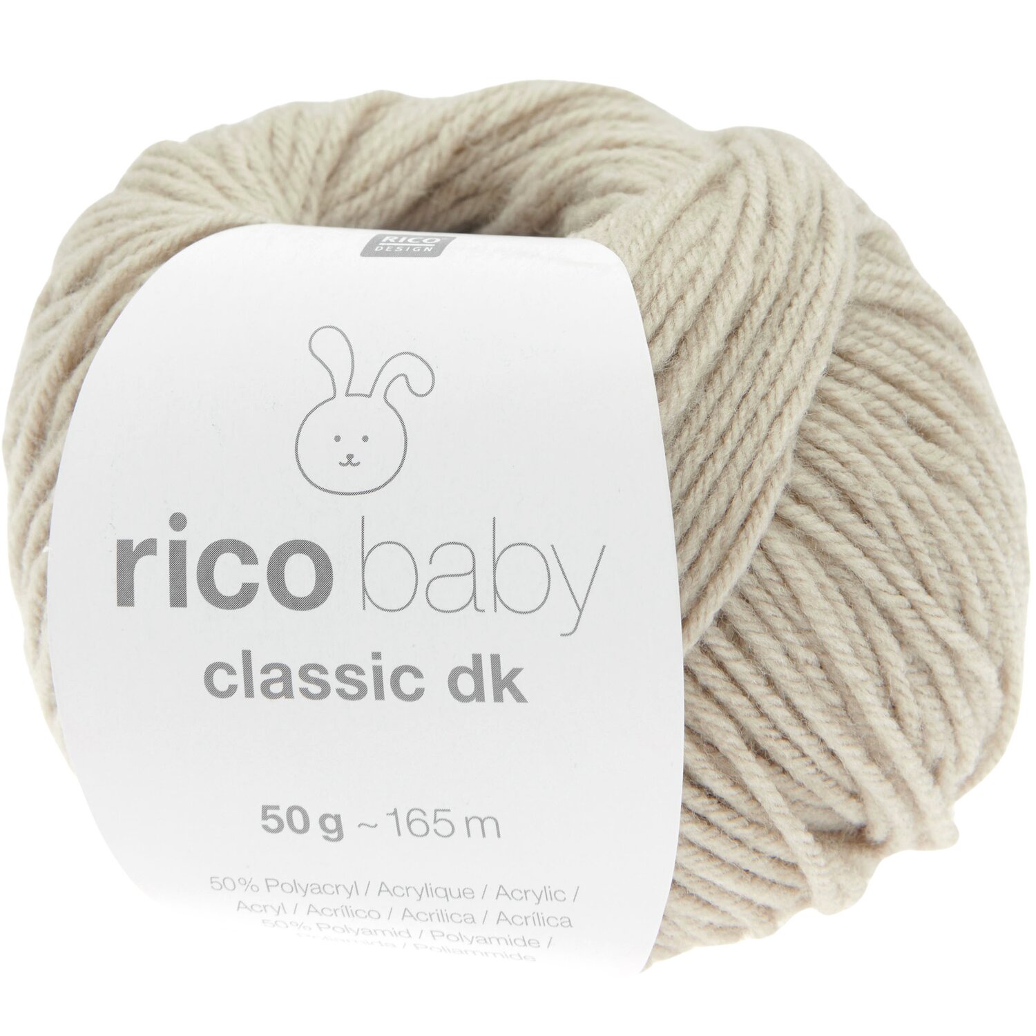 Rico Baby Classic dk, beige, 50g 165m, weiches Garn für Babyprojekte, ideal zum Stricken und Häkeln.