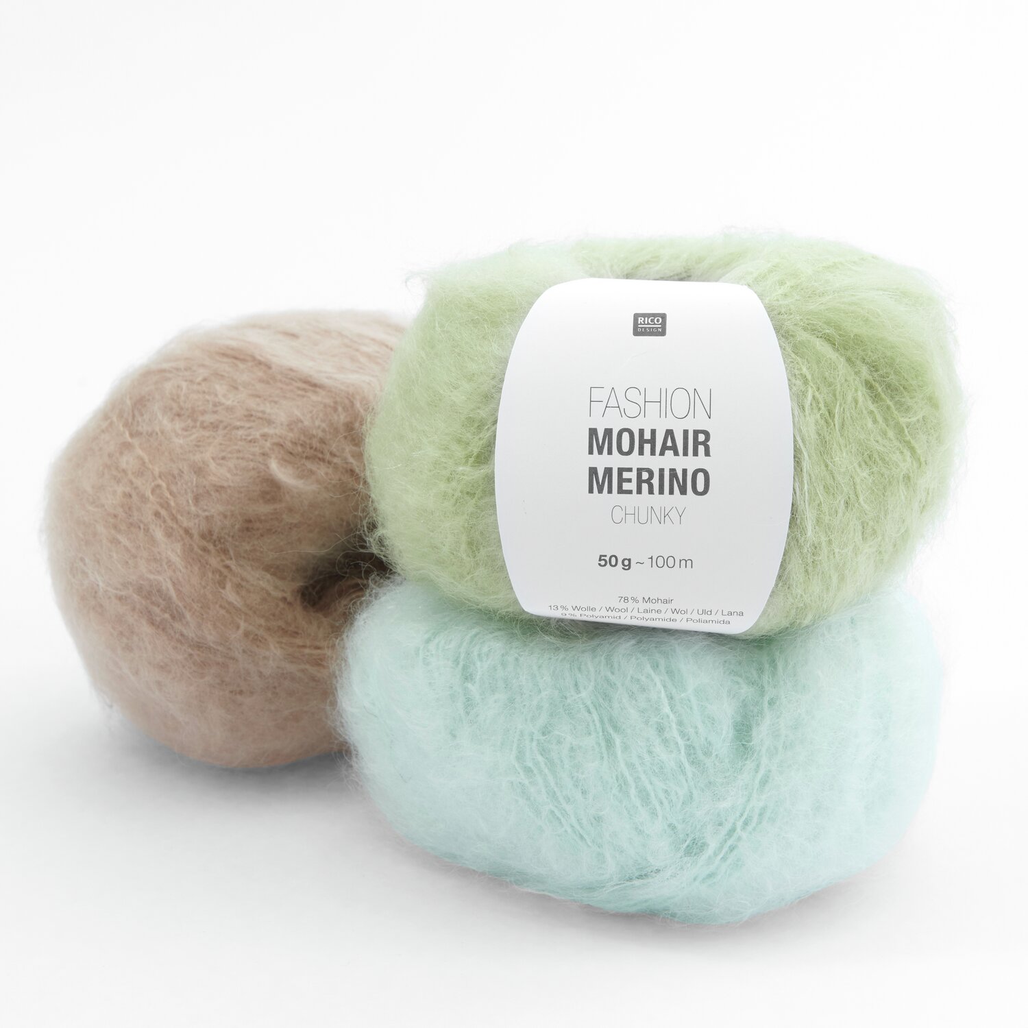 Fashion Mohair Merino Chunky: Weiche Wolle in Pistazie, 50g 100m, ideal für Strickprojekte.