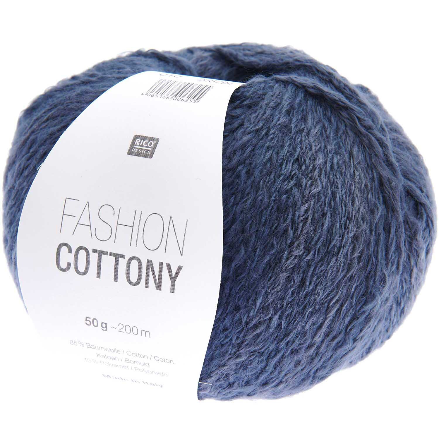 Fashion Cottony: Weiches, blaues Garn von Rico Design, ideal für Strickprojekte. 50g, 200m.