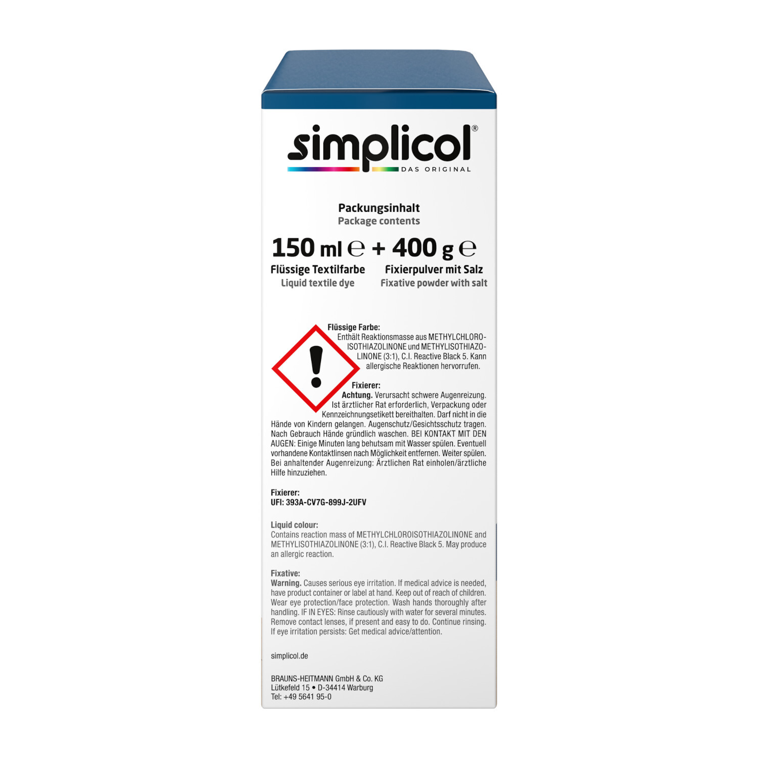 Textilfarbe intensiv 150ml, simplicol: Verpackung in Opalpetrol mit detaillierter Produktinformation.