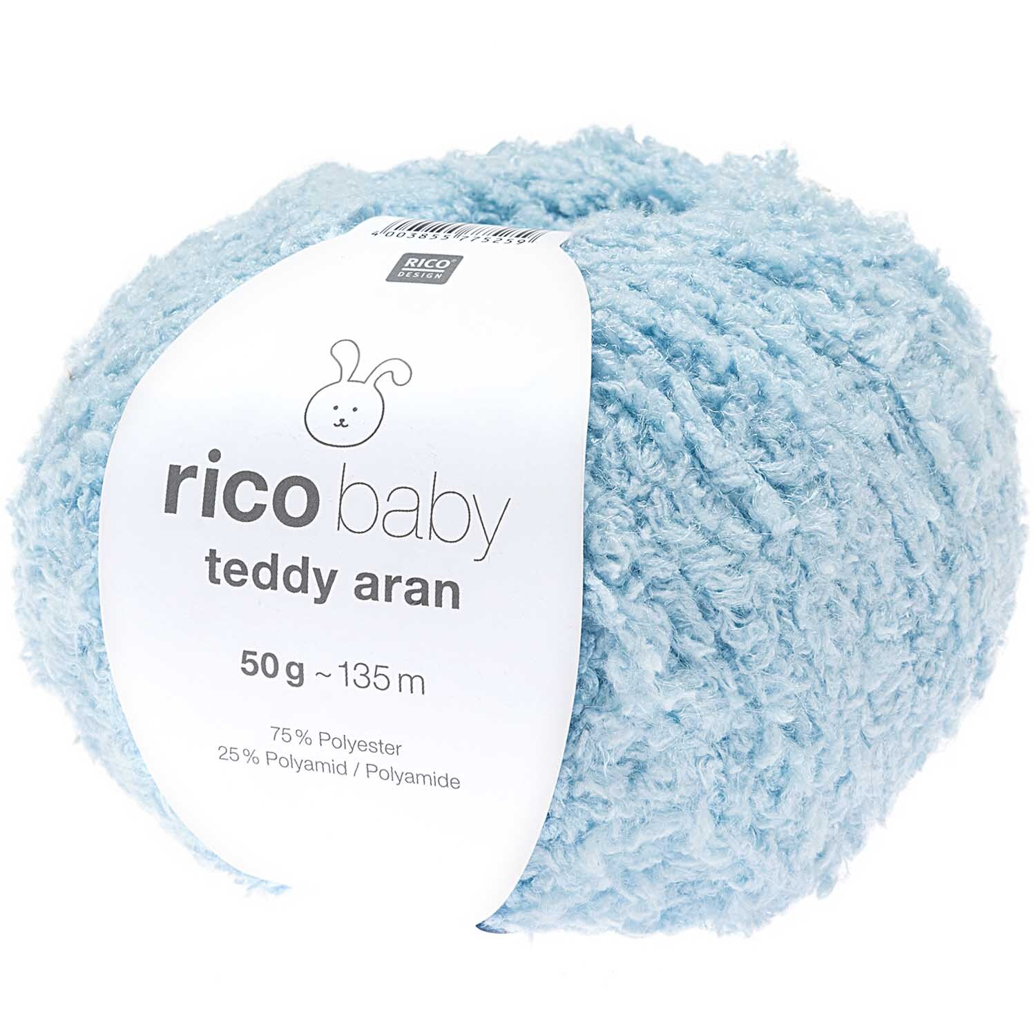 Rico Baby Teddy aran 50g 135m Farbe Hellblau von Rico Design Rico Baby Teddy aran Wolle in Hellblau, 50g Knäuel, ideal für weiche Strickprojekte. Marke: Rico Design.